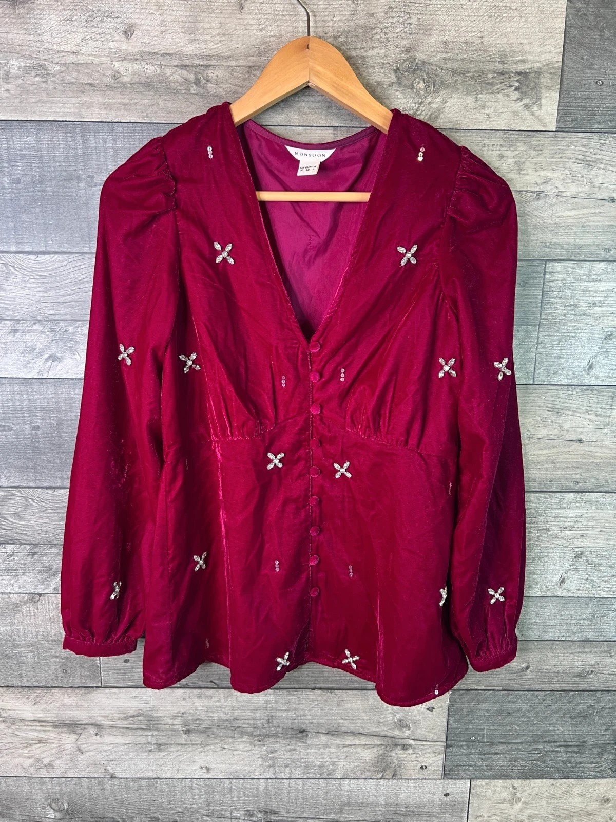 Monsoon Carola Blouse Top Size UK 10 Pink Velvet Rhinestone Embellished 2