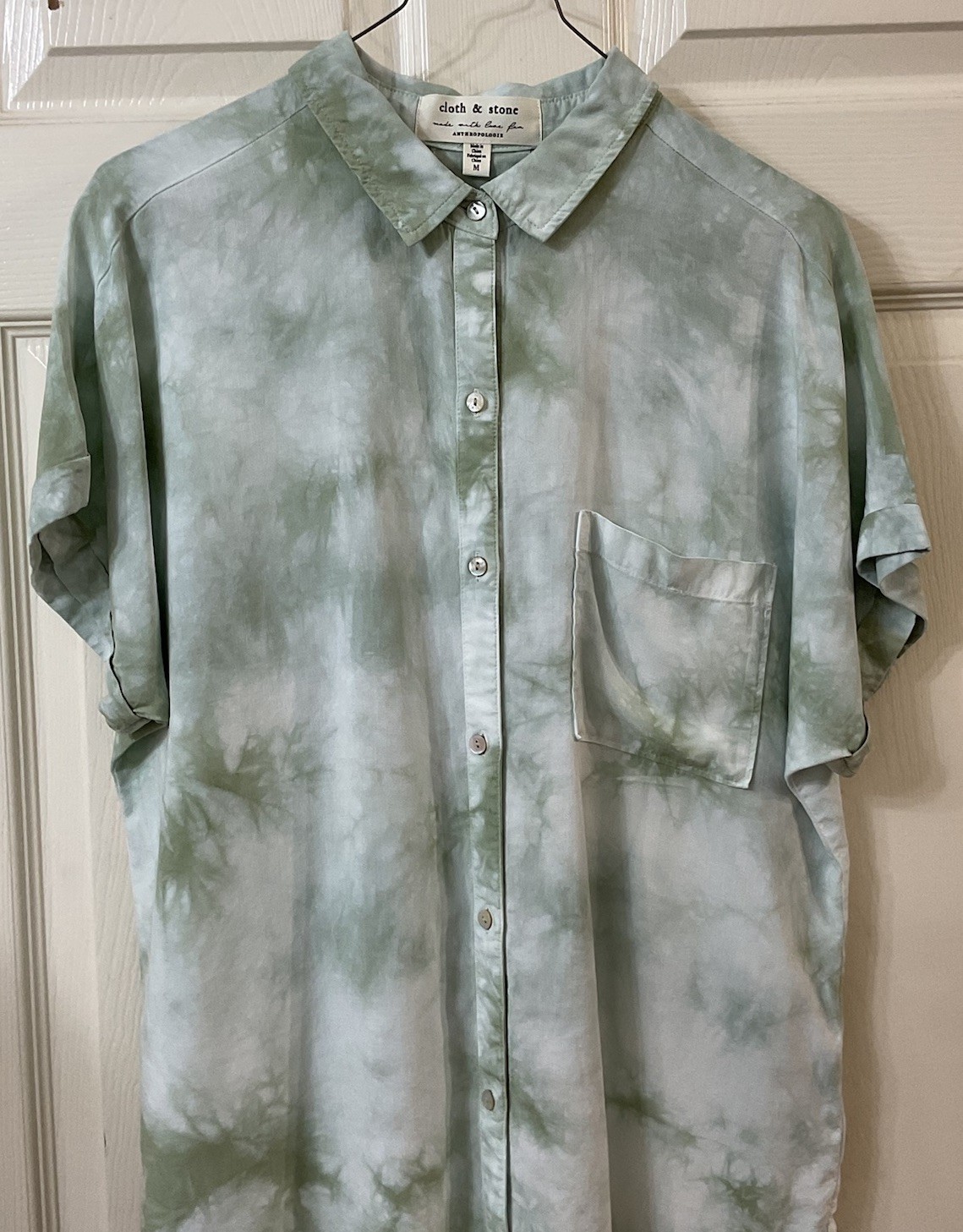 Cloth & Stone Women’s Green Tie Dye Button Up Top Med Boxy Hi Lo Hem Comfort EUC