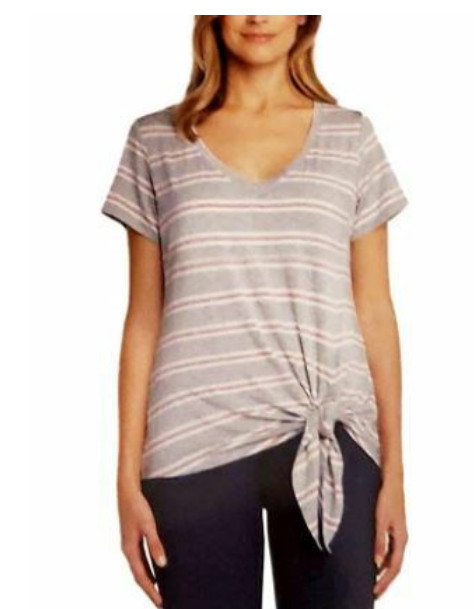 MATTY M WOMEN’S SIDE TIE STRIPE SHORT SLEEVE SHIRT(HEATHER GRAY STRIPE SMALL)NWT