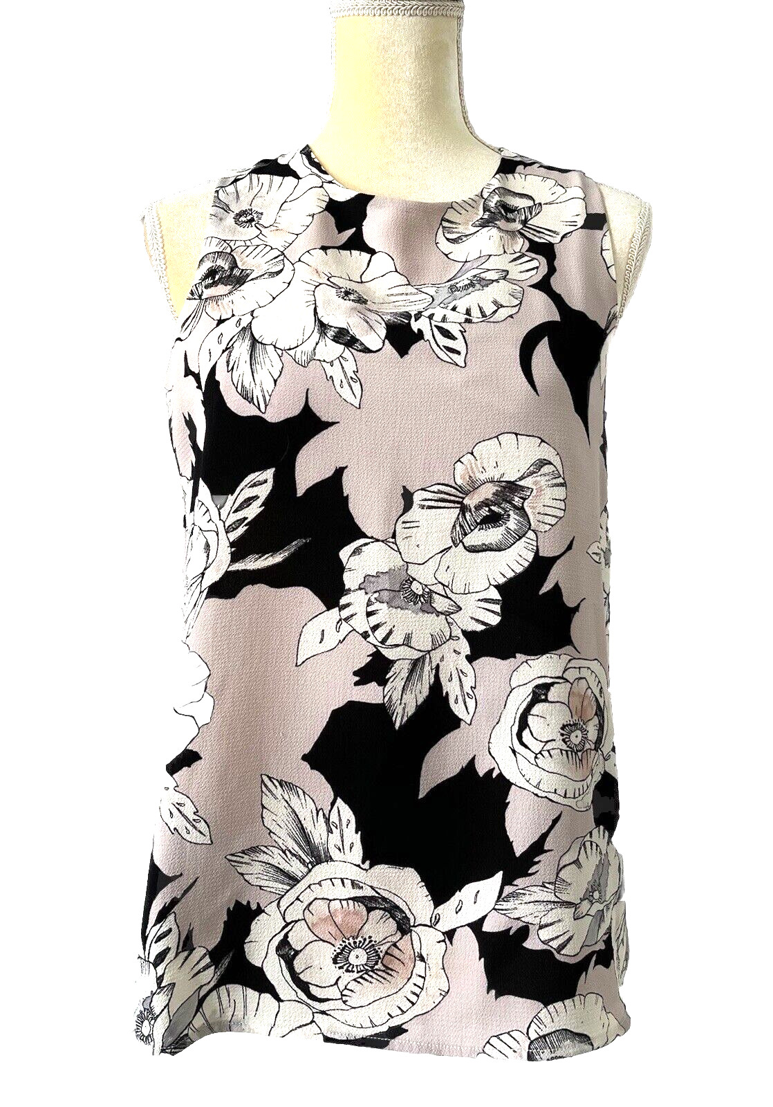 C&E Sleeveless Pale Pink Black White Floral Sleeveless Blouse Stretch Lined S