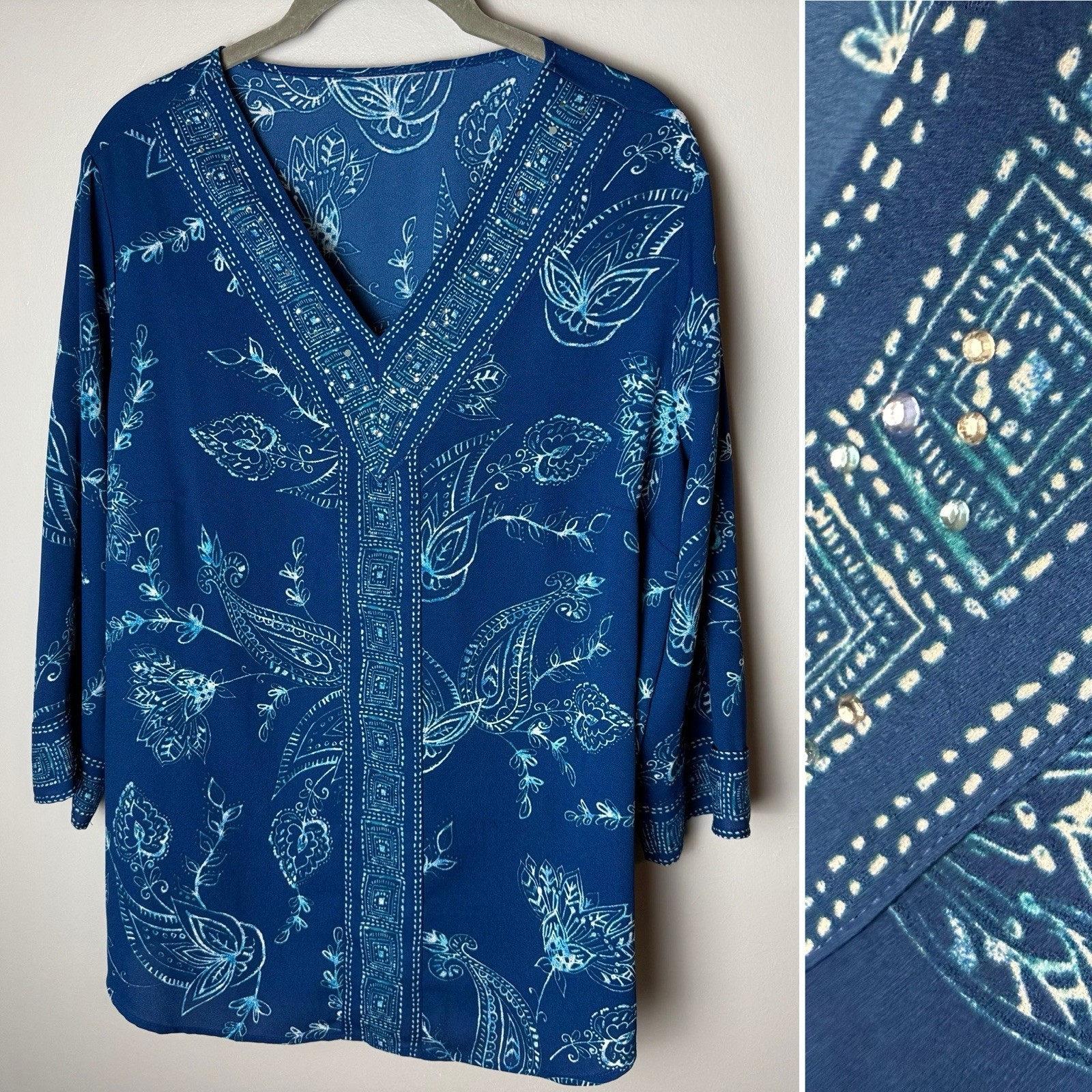 Women’s Tunic Top Blue White Paisley Floral Rhinestone V Neck 3/4 Sleeves Sz XL