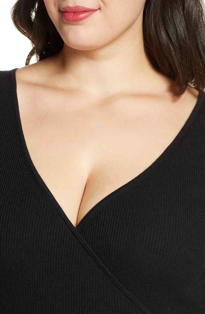 Leith Size:4X Ribbed Wrap Front Sweater Color:BLACK