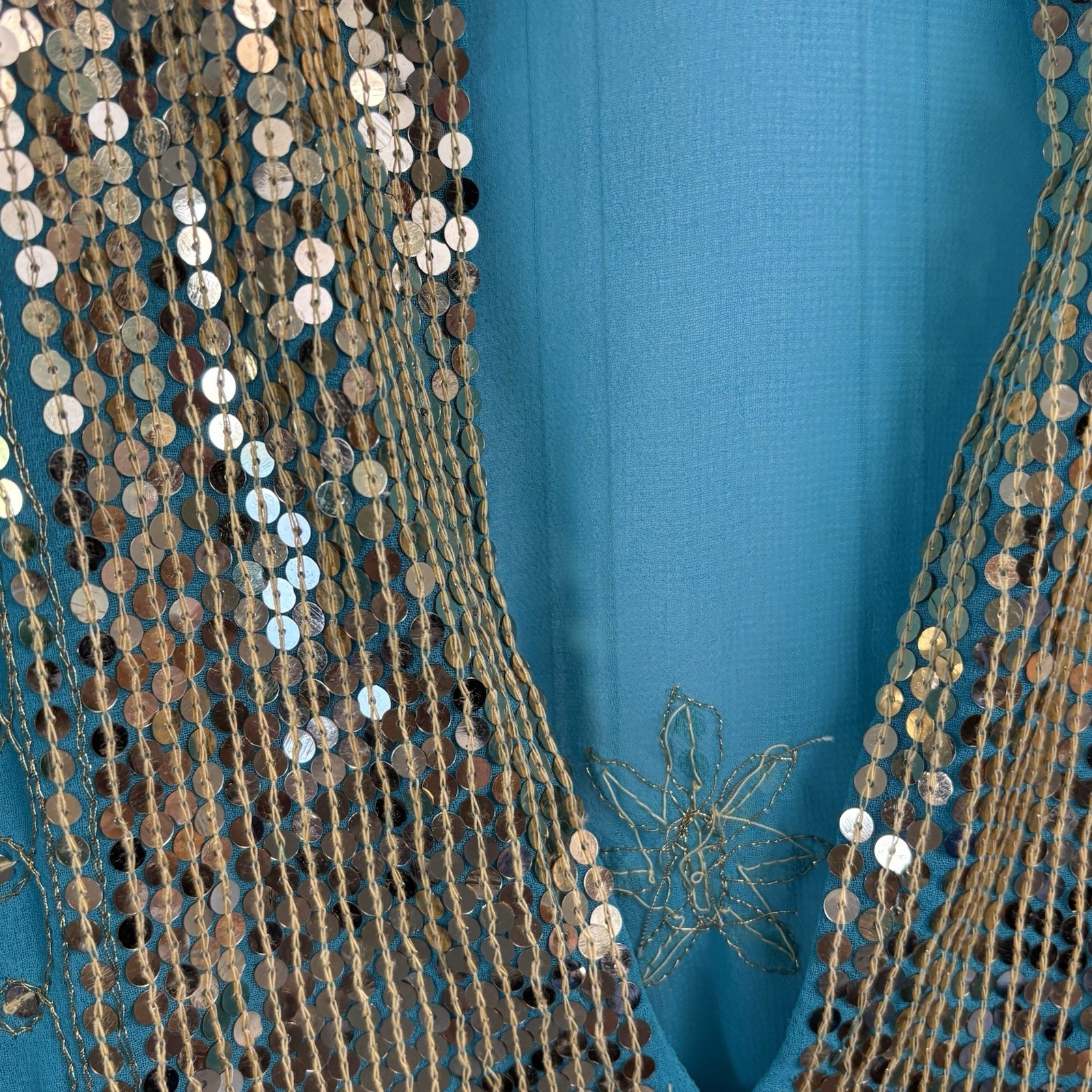 Zolena Tunic Top Cover Up Sheer Beaded Turquoise LG India Resort Boho Cruise