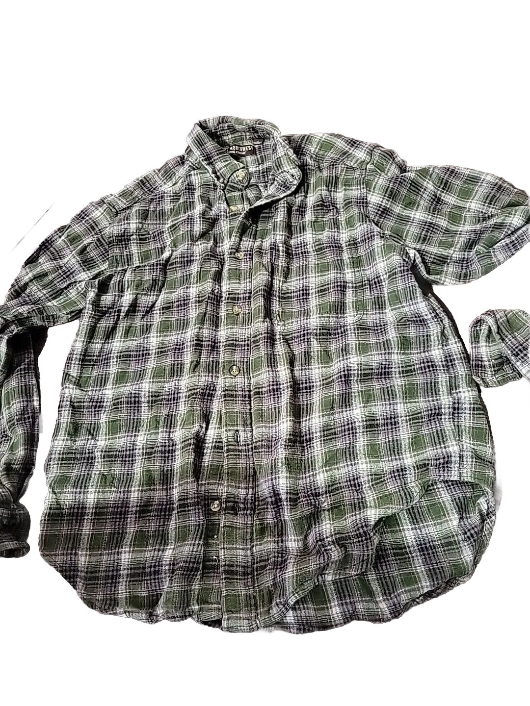Great Northwest Med Button Down Green Brown White Plaid Cotton Flannel Shirt