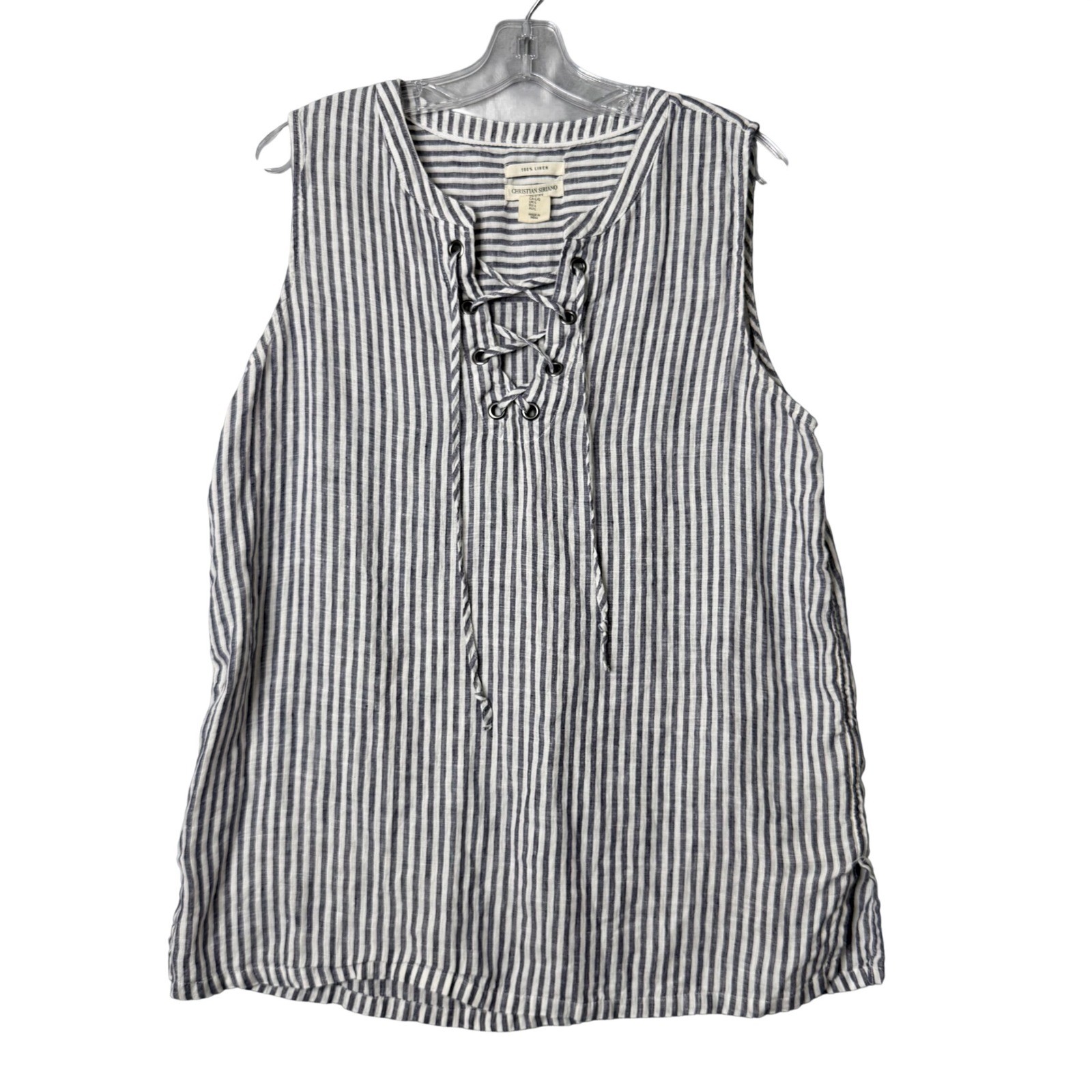 Christian Siriano 100% Linen Top Womens L Stripe Sleeveless V Neck Beach Coastal