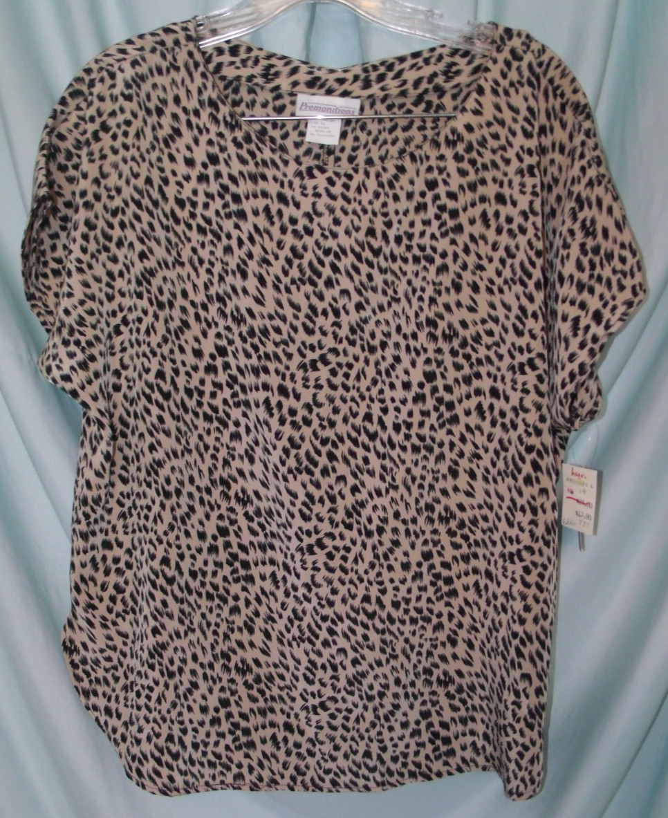 NWT Premonitions Black Beige Animal Print Dolman Slv Blouse Women’s Size 14 VTG