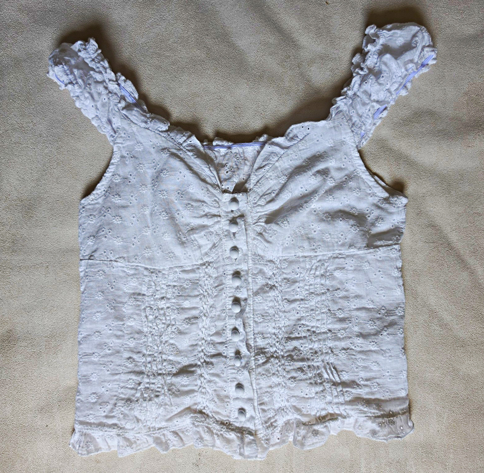Women’s White Eyelet Button Front Ruffle Strap Cottagecore Tank Top