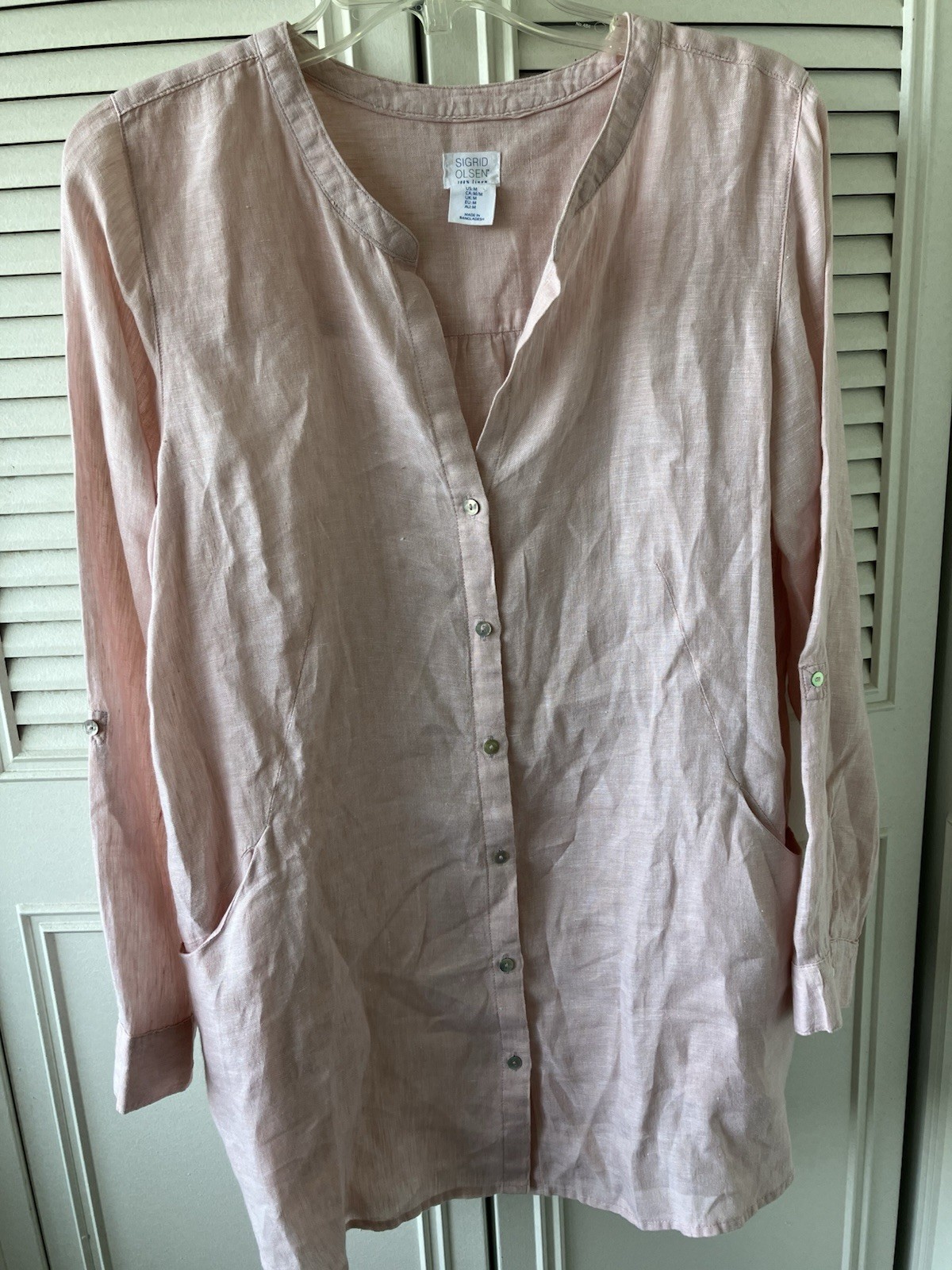 Sigrid Olsen Linen Tunic Blouse Peach Button Up Roll Tab Pockets Women’s Medium