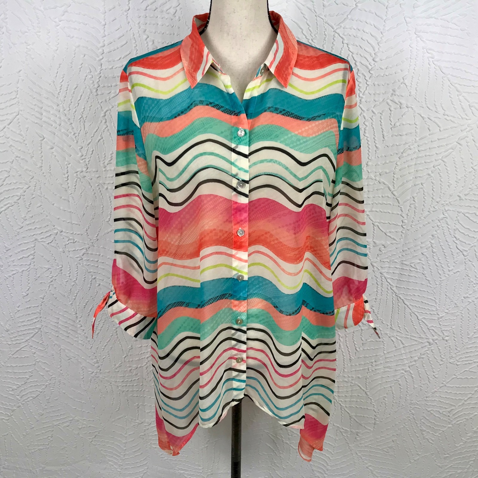 Chicos 2 Colorful Button Up Blouse Shirt Size L Sheer Office Flowy Tie Sleeves