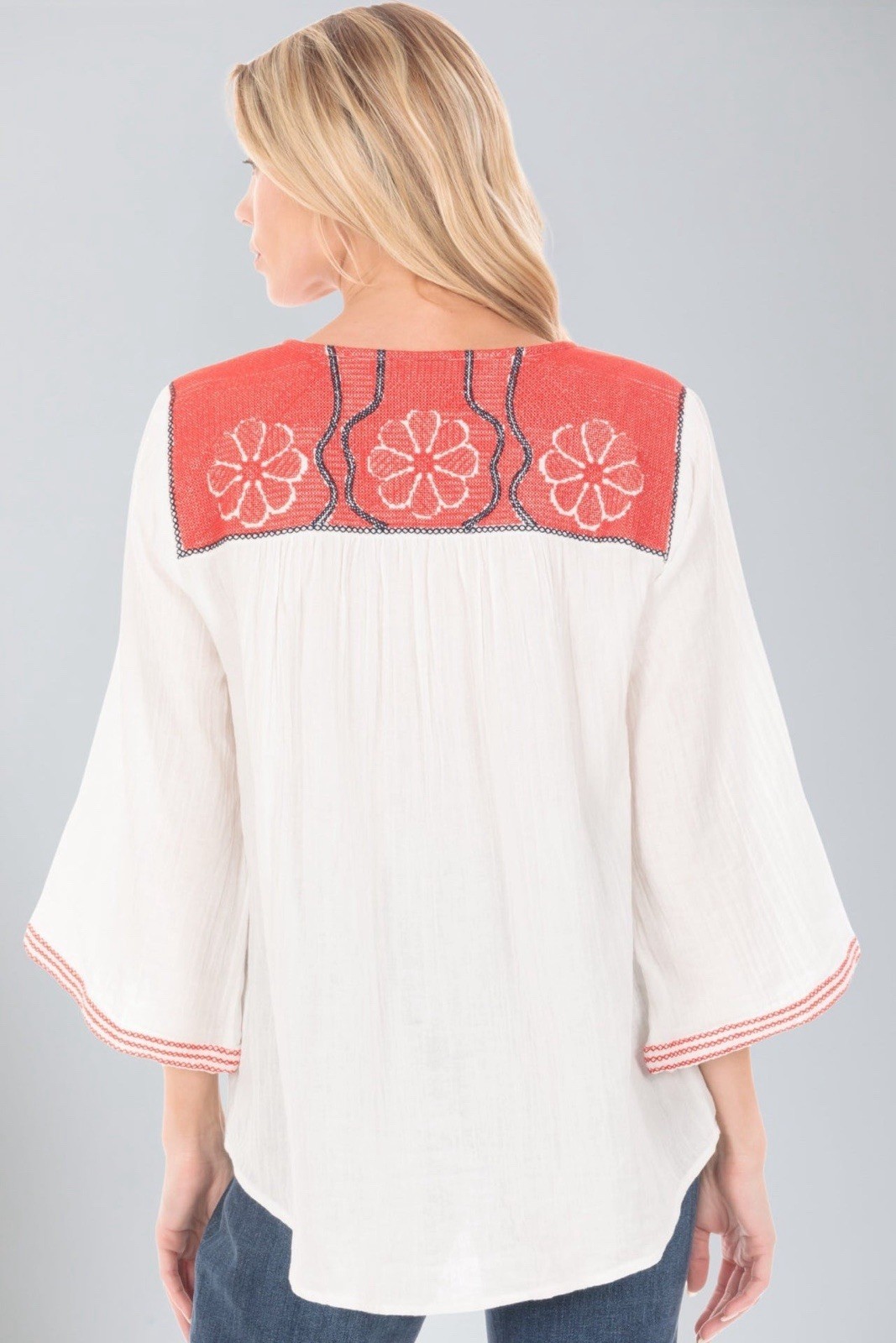 APNY Hi-Low Blouse Sz M Embroidered Tunic 3/4 Bell Sleeves Hippie 4th Of July