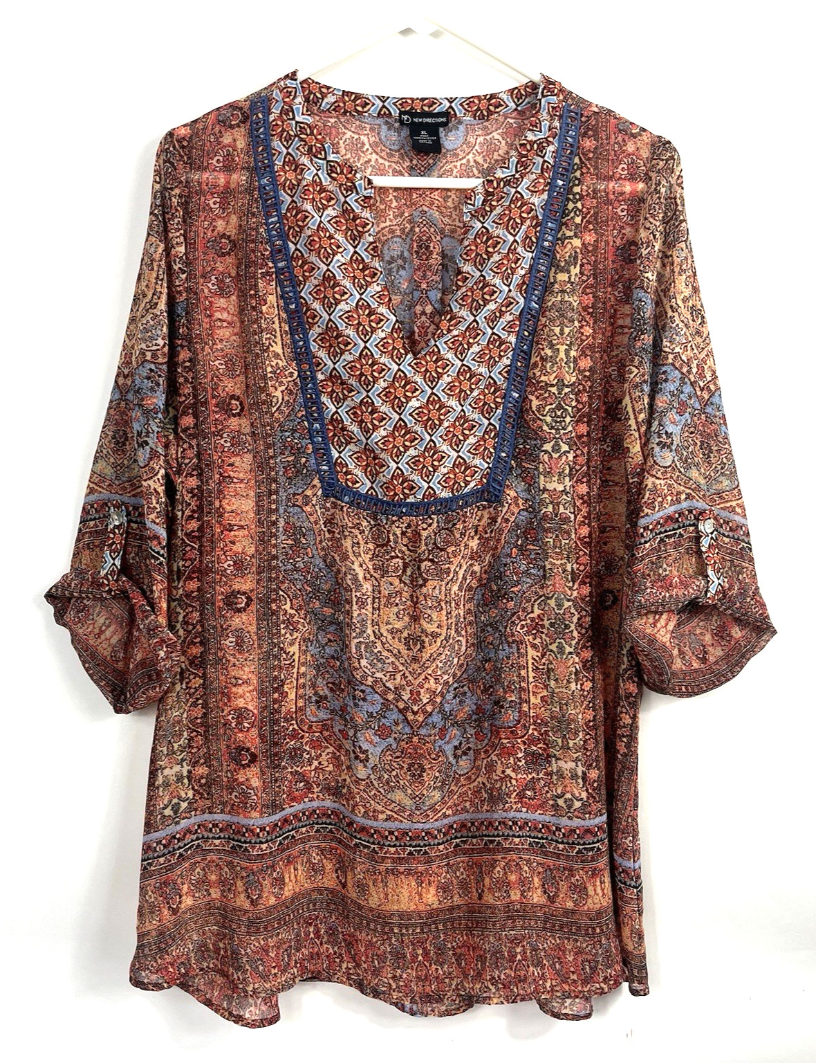 New Directions Women’s Round Split Neck Multicolor Geometric Sheer Blouse Sz XL