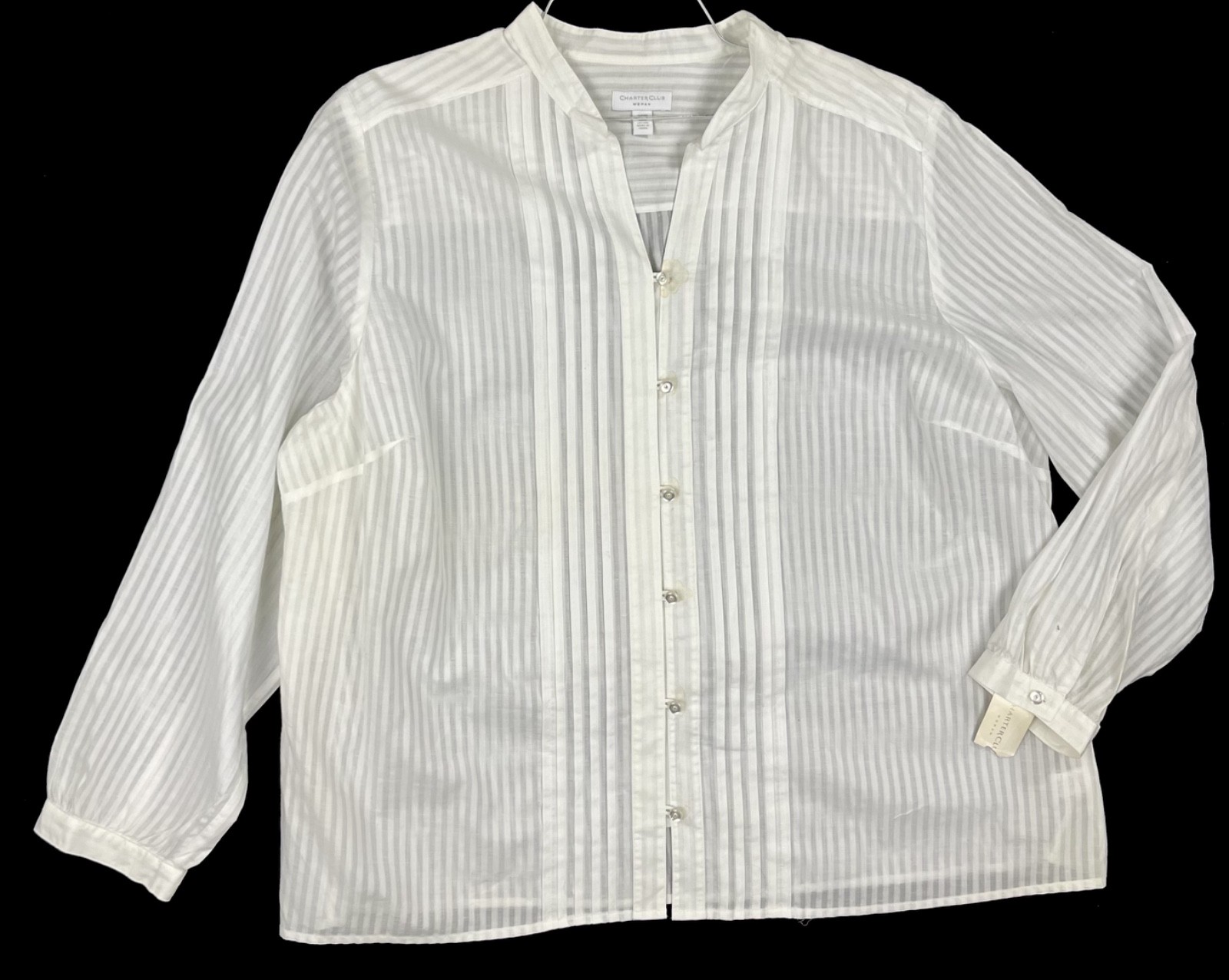NWT Charter Club Woman 20W White Striped Cotton Blouse Button Front Pintuck Plus