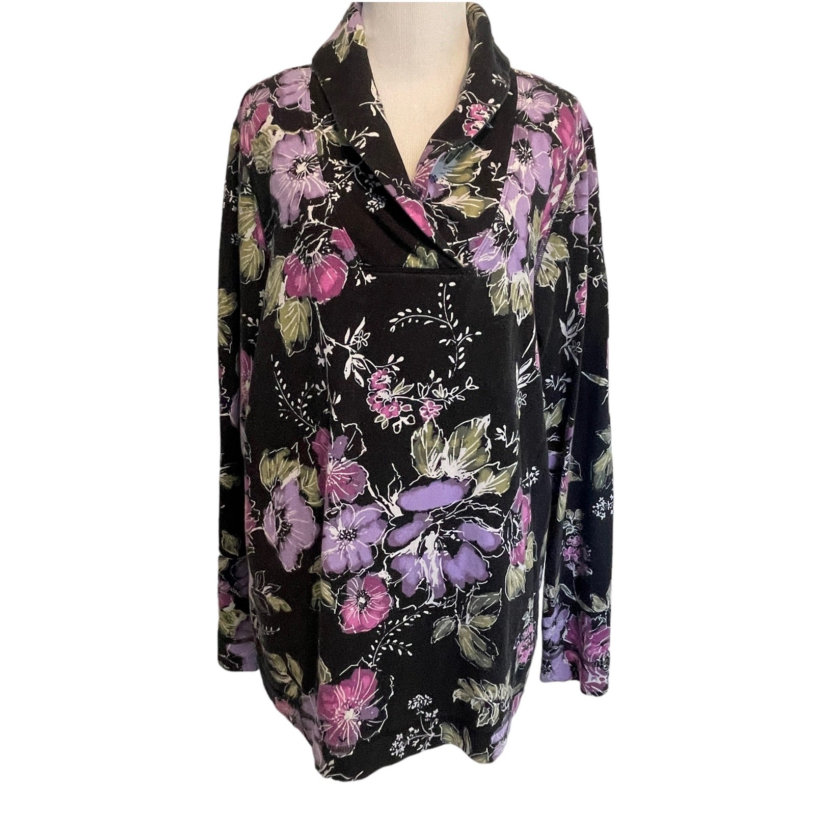 Denim & Co Floral Knit Top Womens Large Black Multicolor Shawl Collar Cotton