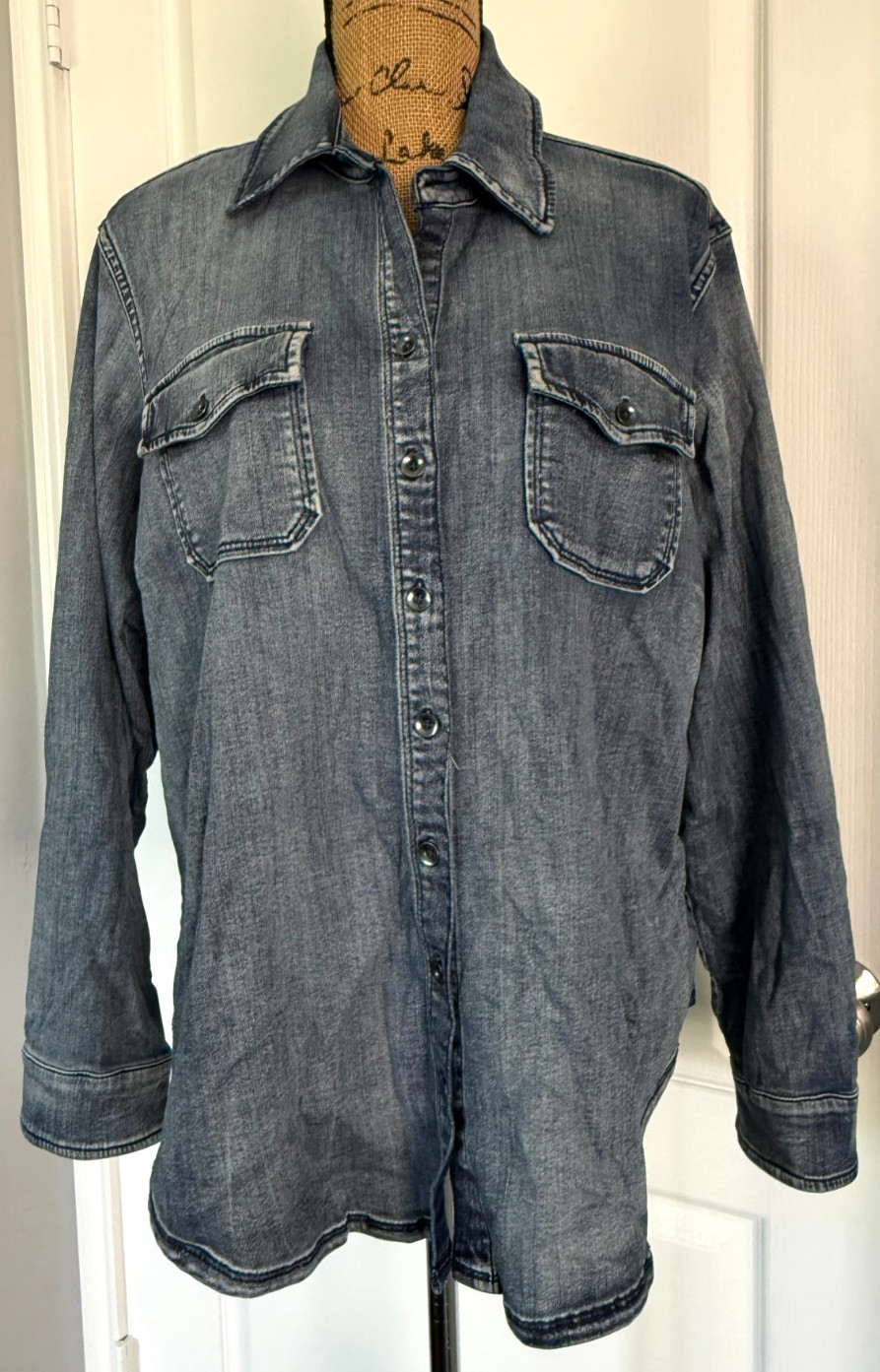Coldwater Creek Button Up Shirt Jacket Denim Stretch Shaped Blue 1X 16 18