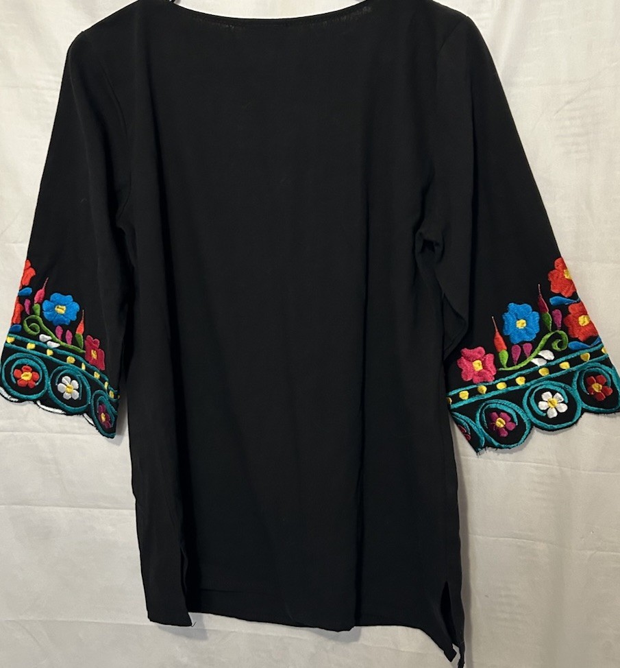 Solei Top S Black Mexican Embroidered Peasant Blouse Boho Hippie Festival Shirt