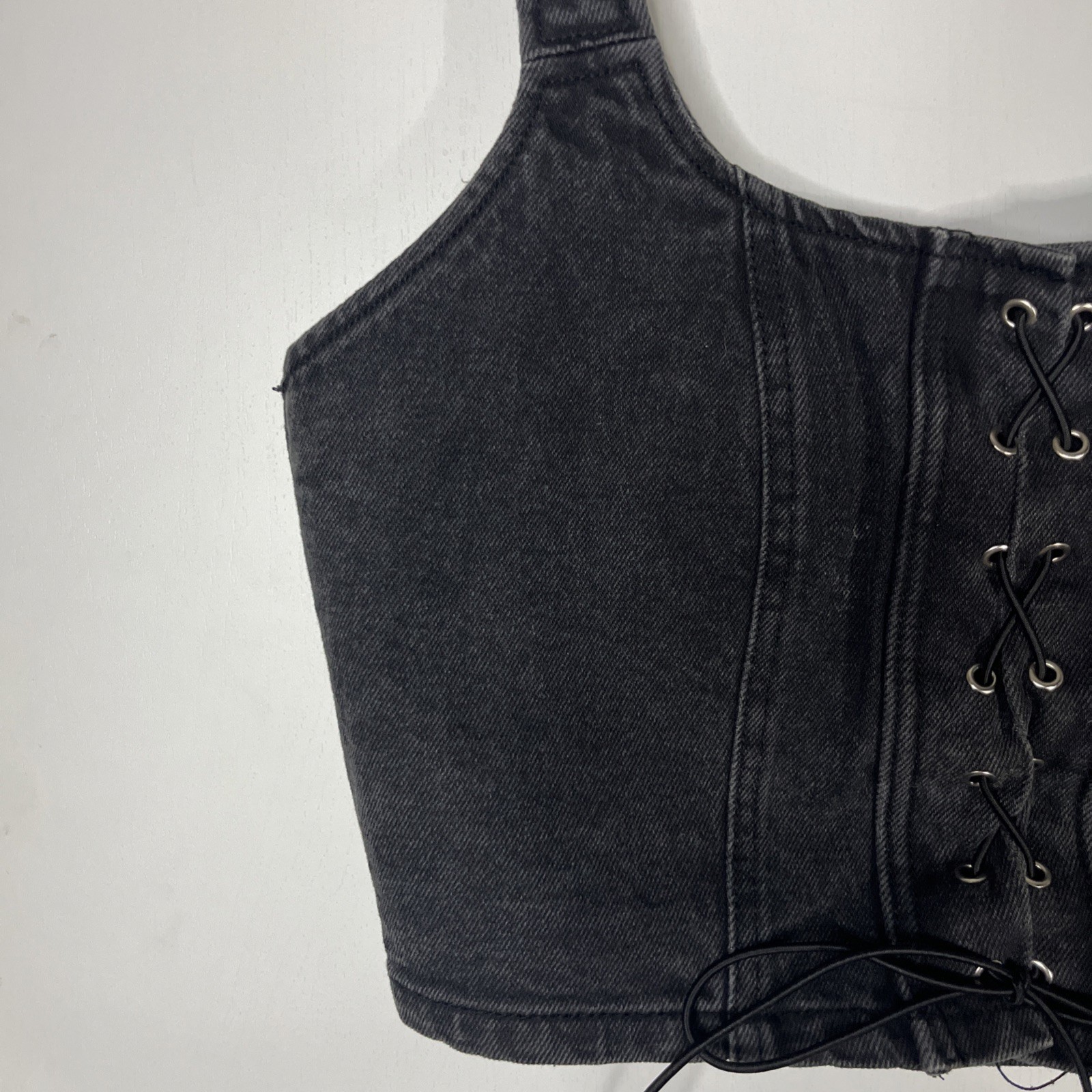 Wild Fable Tank Top Medium Black Denim Lace Up Corset Crop Back Zip Juniors Teen