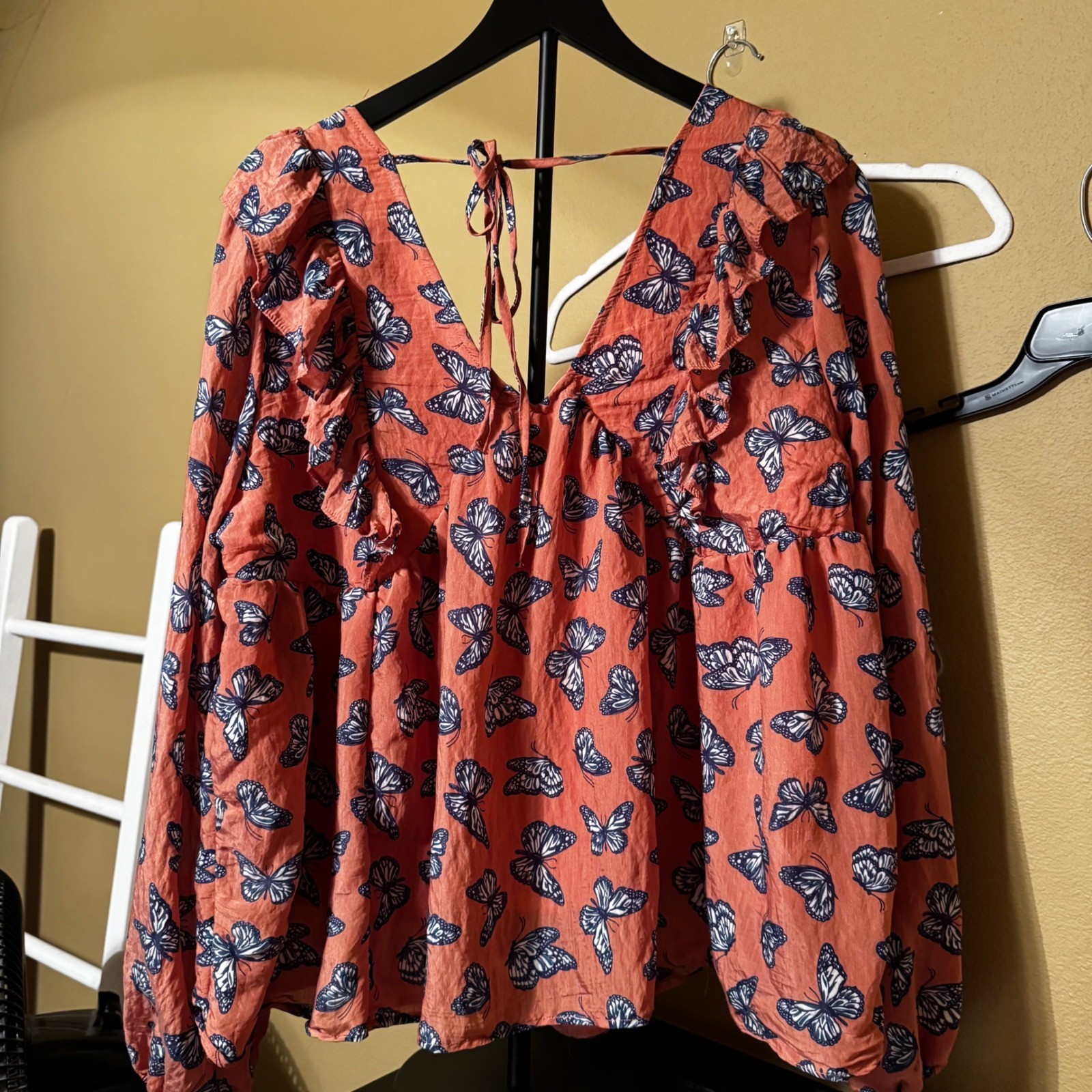 Simply Southern Butterfly Print Ruffle V-Neck Babydoll Top Orange XL Boho Tie