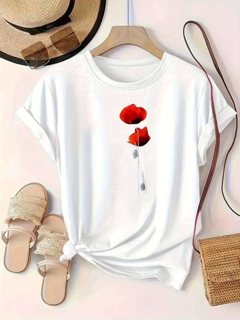 Women Poppy Flower Graphic T Shirt Artistic Floral Print Nature Tee Top Gift US√