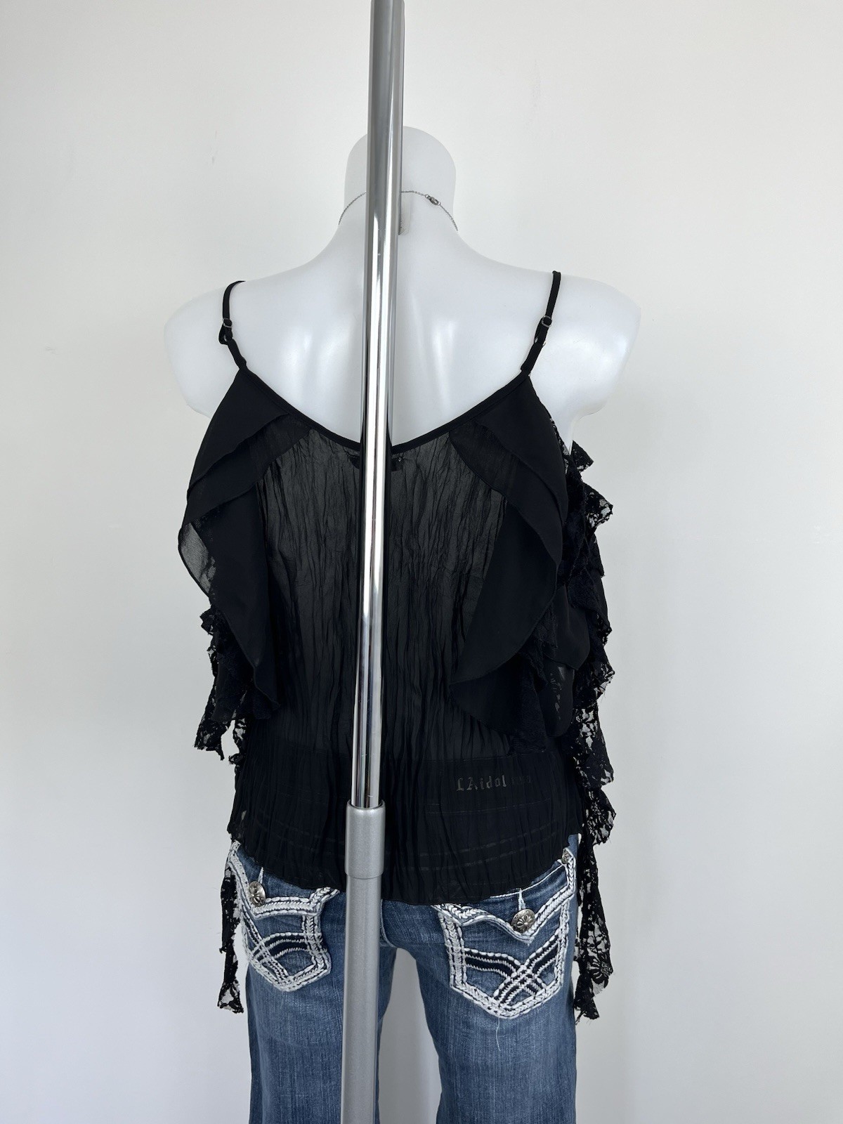 Y2k vintage black mesh ruffle sequin embellished off the shoulder blouse top