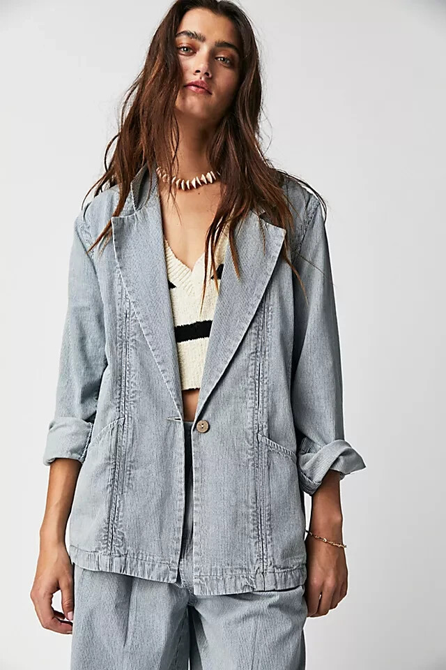 Free People Wanderlust Denim Suit Blazer S 4 Women’s Casual Striped NEW 32398