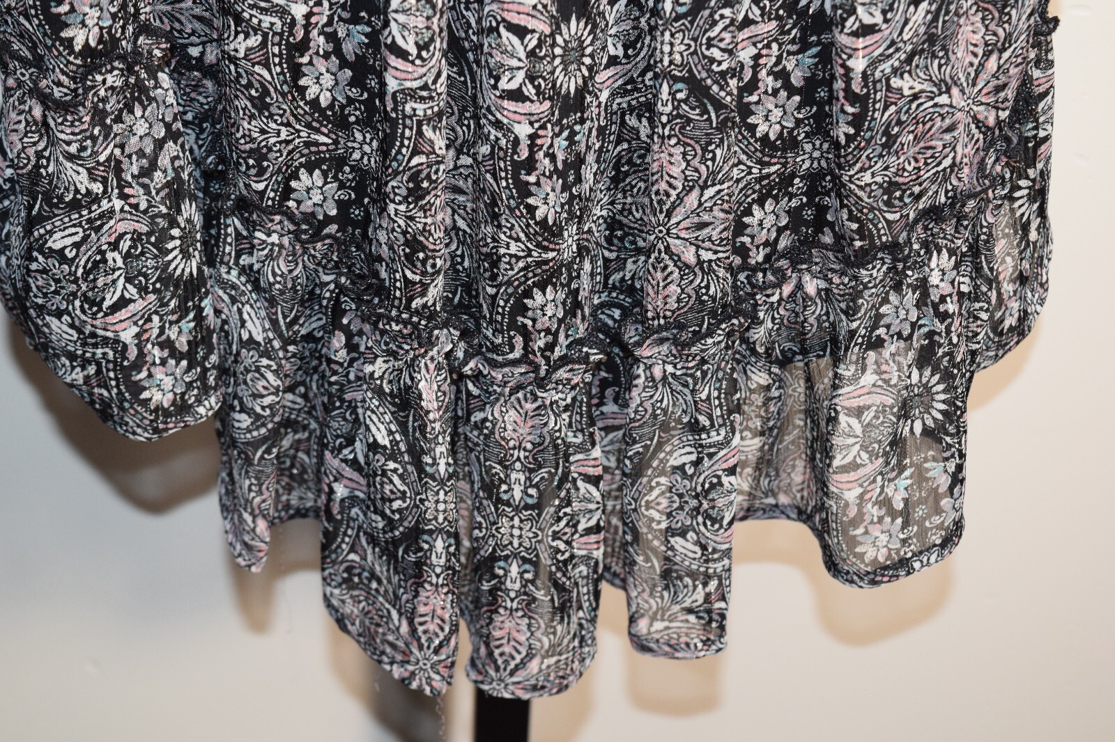 Knox Rose Black Paisley Peasant Blouse Size XL Boho Sheer Long Sleeve Scoop Neck