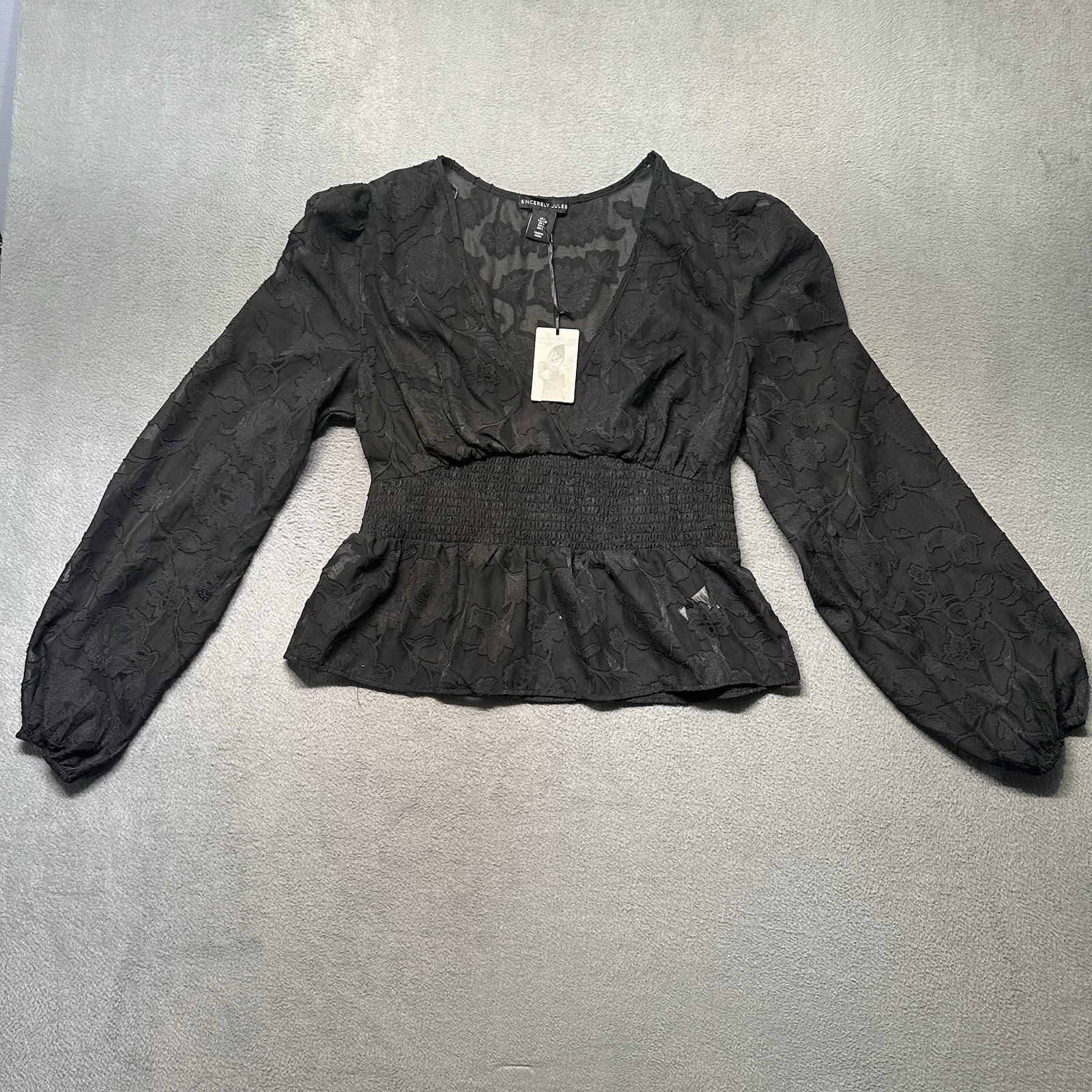 Sincerely Jules Womens Large Peplum Blouse Black Floral Sheer Smocked Puff NWT
