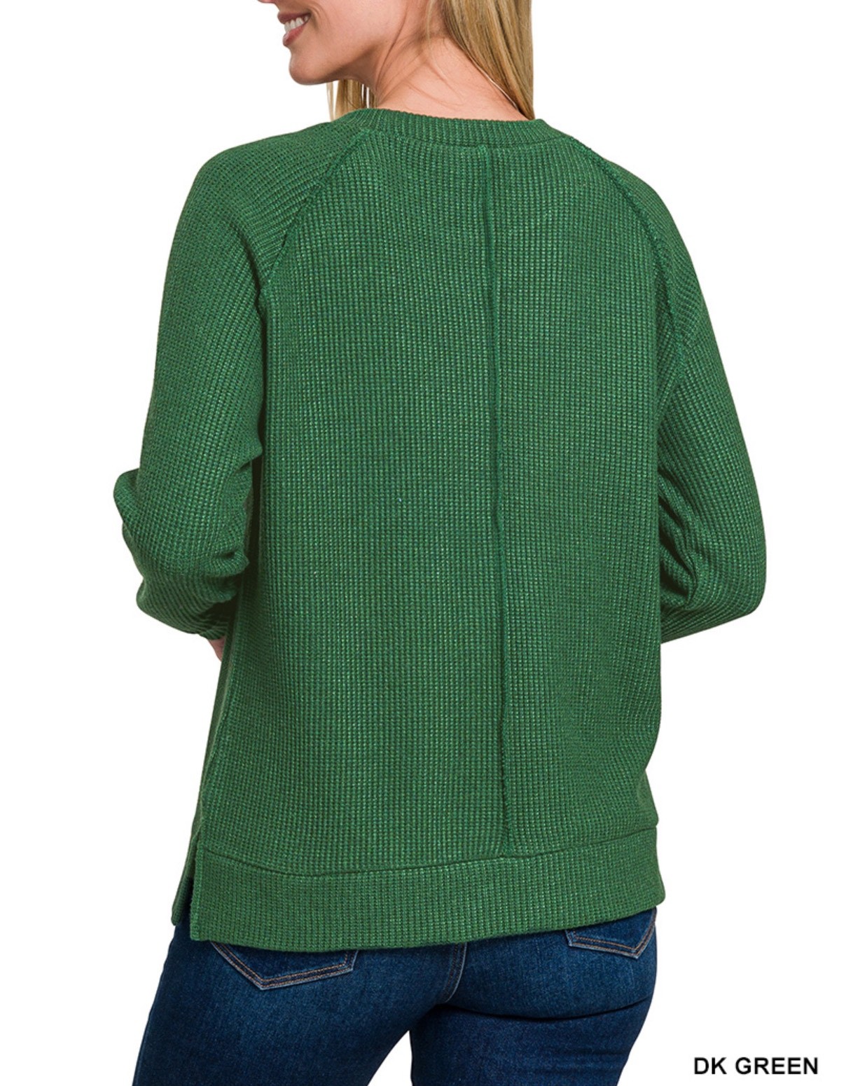 ZENANA 2475 Waffle Knit Top Long Raglan Sleeve Split Sides Sweater