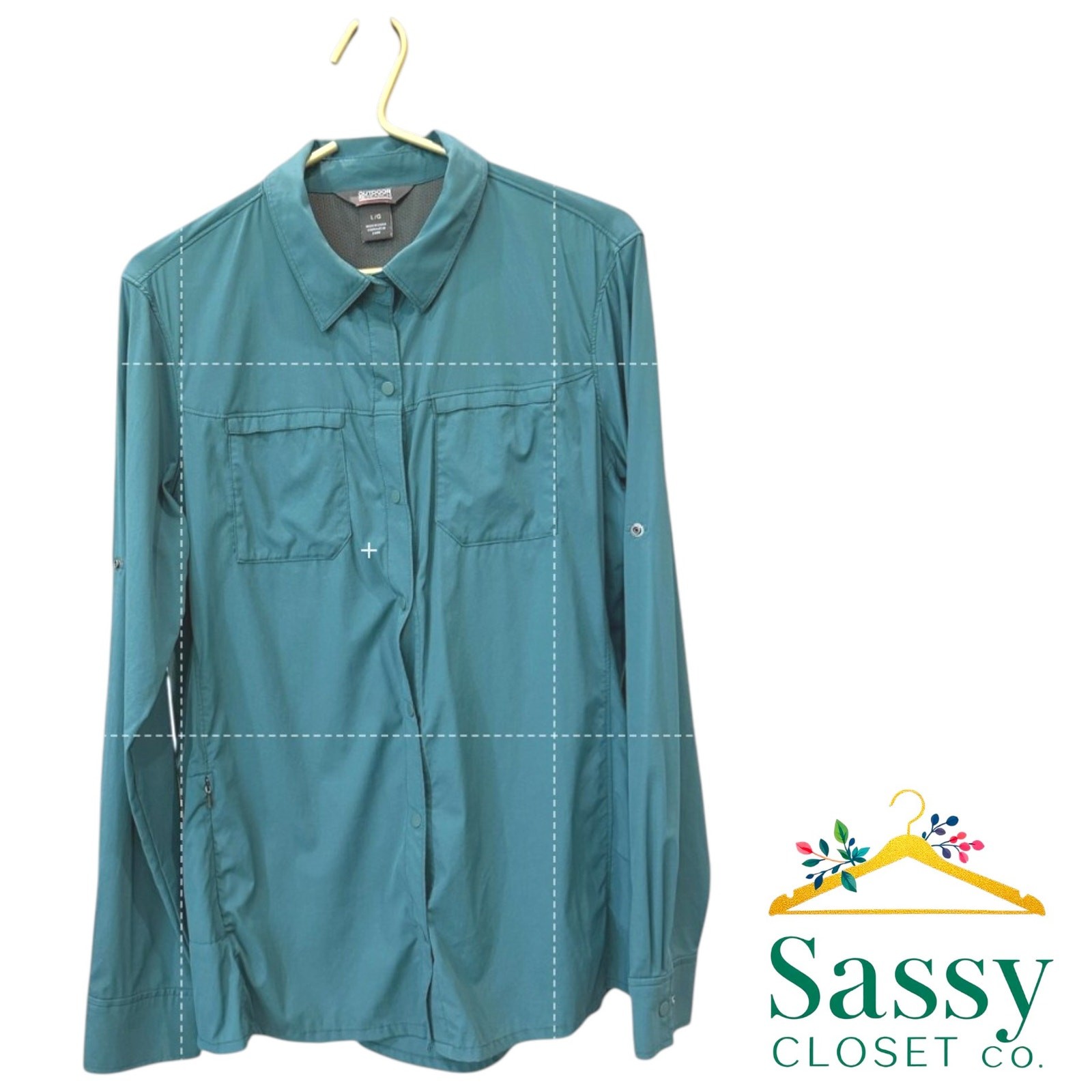 Outdoor Research Wayward Shirt L NWOT Teal Green Stretch Snap Fishing Roll Tab