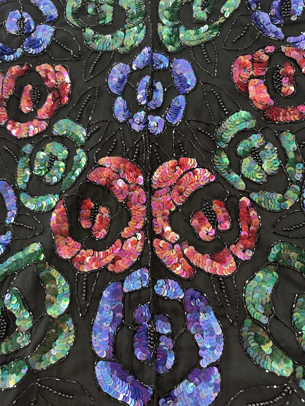 Vintage Stenay Sequins & Beaded Flower Shirt 100% Silk XL