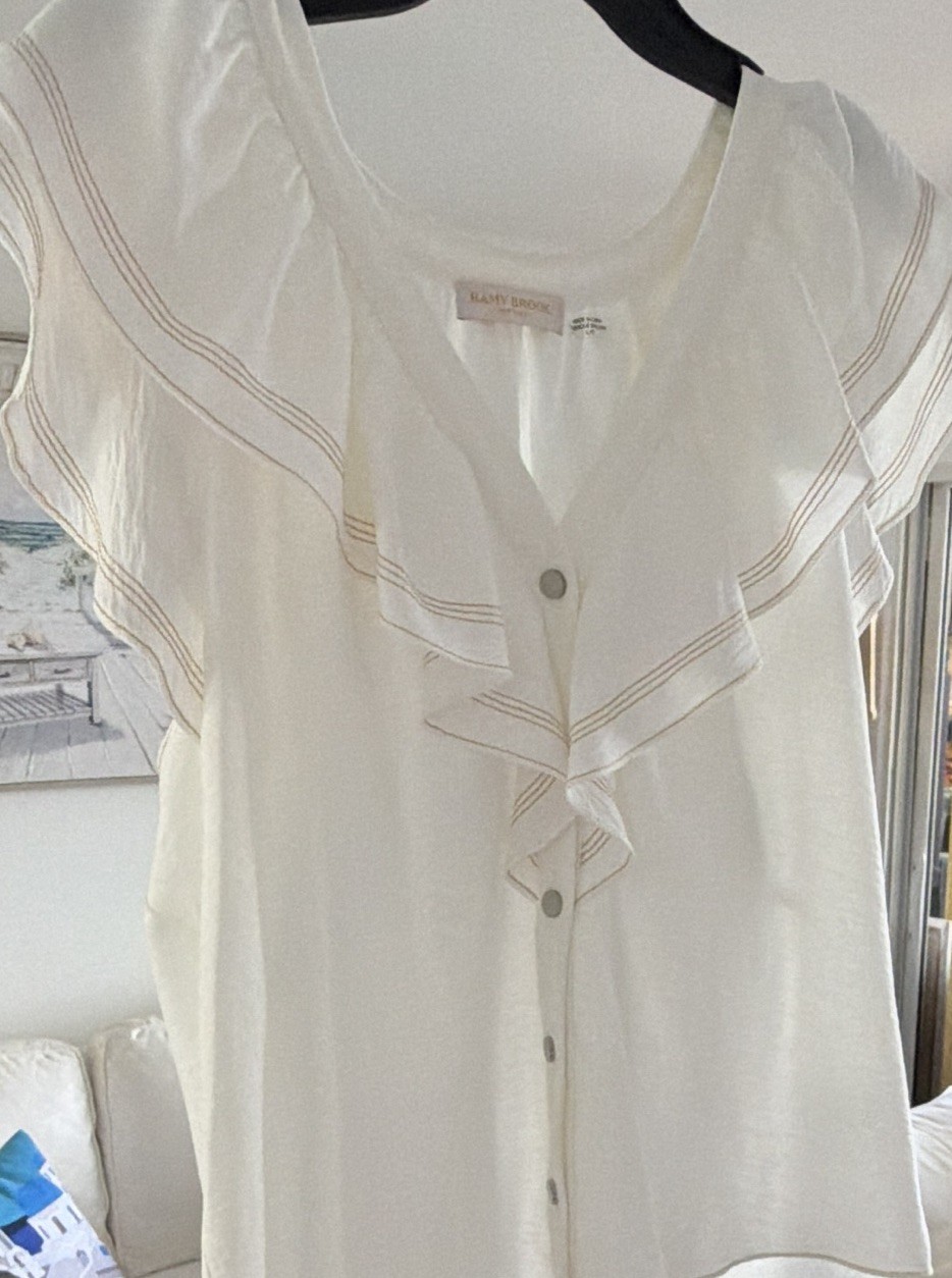 Ramy Brook New York White Ruffle Button Front Cap Sleeve Blouse L Great top.