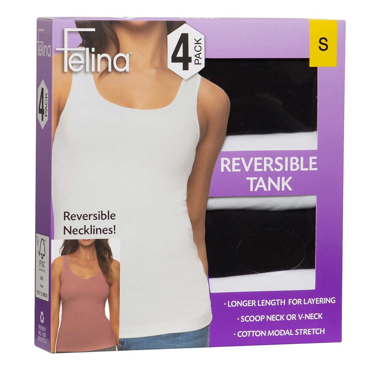 Felina Ladies’s Reversable Tank, 4-pack -Reversible Necklines