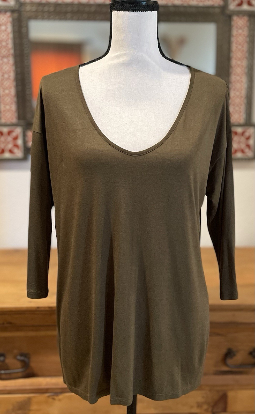 Forever 21 Dk Olive Deep V Neck Drop Shoulder Oversize 3/4 Sleeve Tunic New Sz S