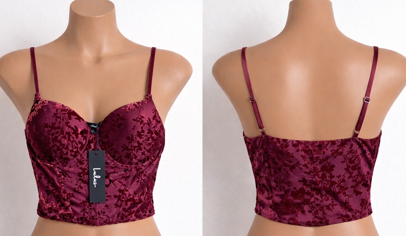 Lulus Burgundy Velvet Bustier Crop Top Womens Large Underwire Floral Corset NWT
