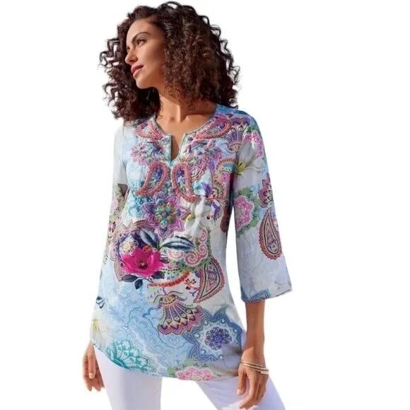 Soft Surroundings Florent Tunic in Aquatic Blue Beaded Accents Size Small