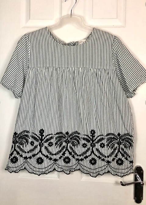 Apricot Womens Blue & White Striped & Embroidered 100% Cotton Blouse Size 16 uk