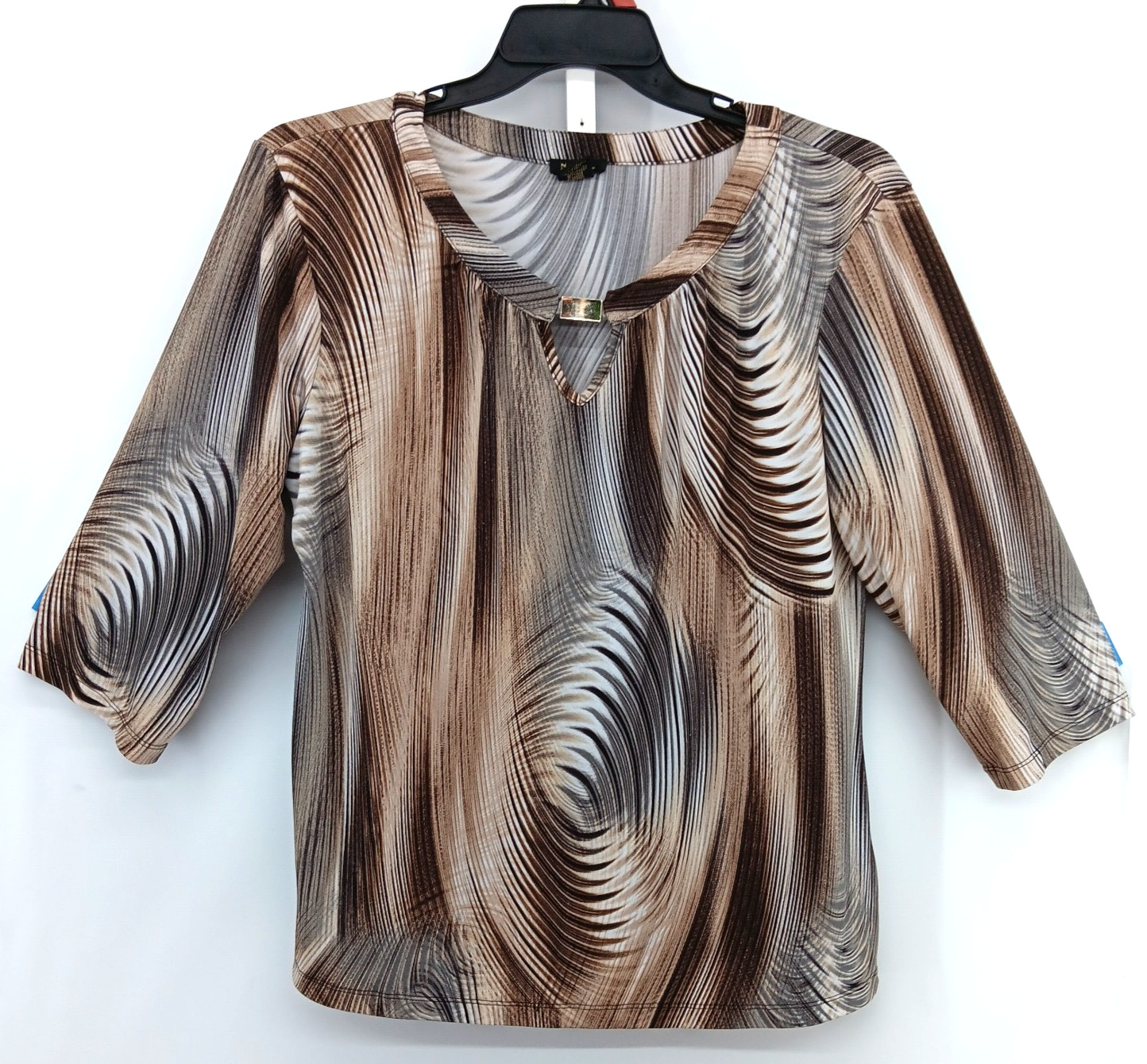 Nue Options Blouse Womens Size XL Brown Abstract Keyhole Neck 3/4 Sleeve Top