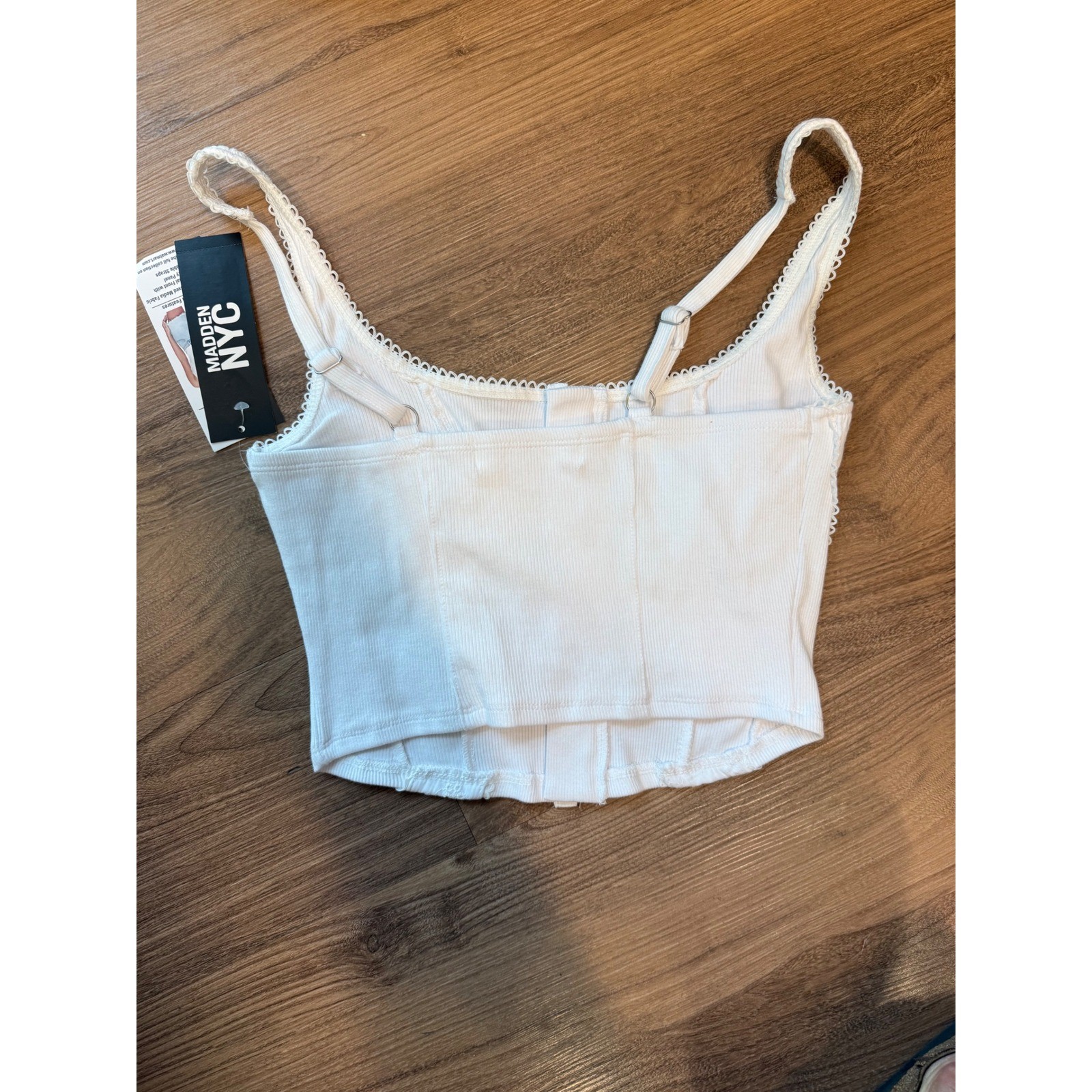 Madden NYC Women White Ribbed Eyelet Lace Corset Top Hook Eye Front NWT XS
