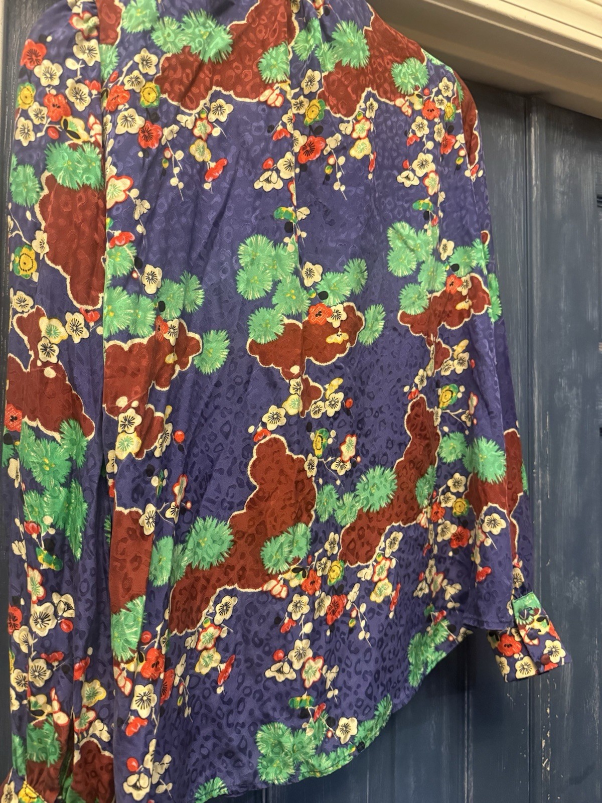 RIXO Women’s Blue Multicolor Floral Silk Satin Tie-Neck Blouse Long Sleeve L