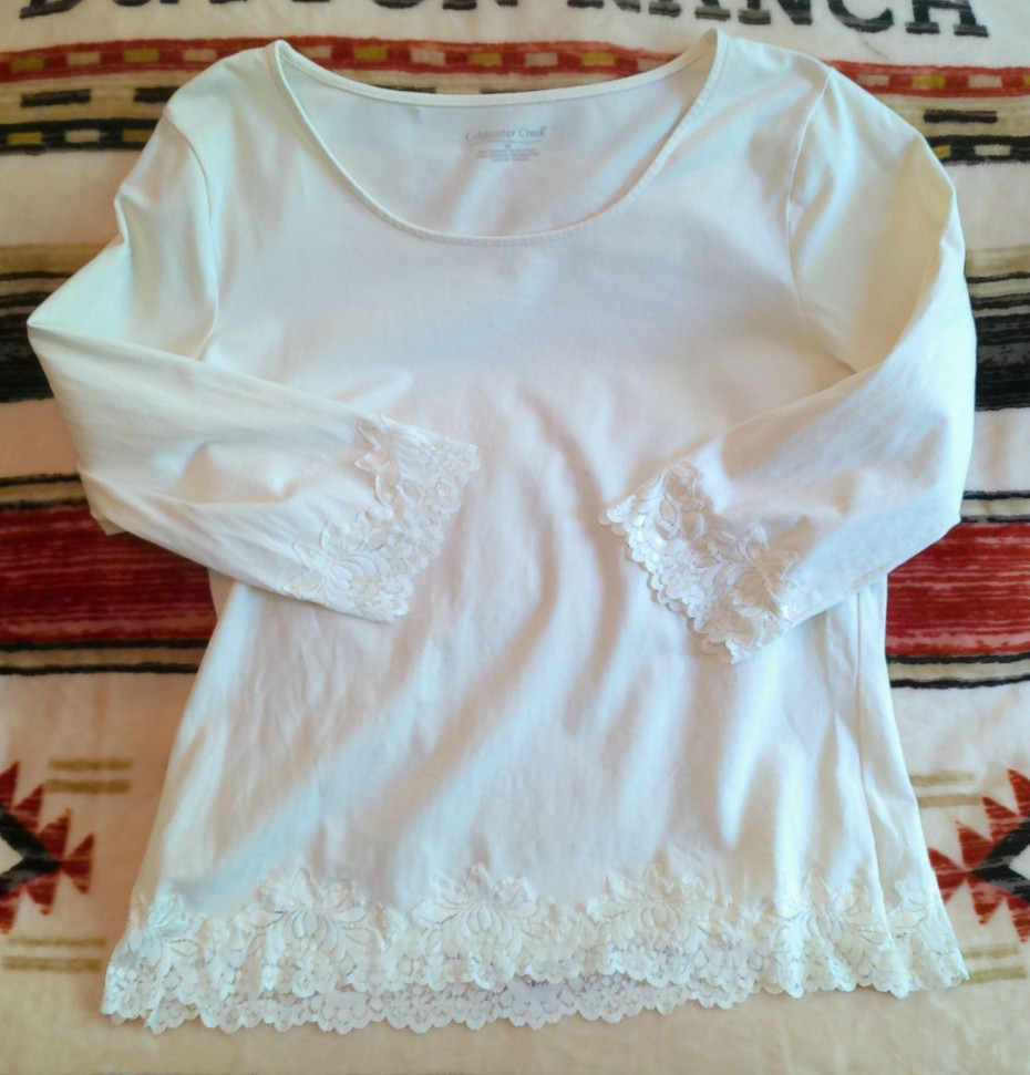 COLDWATER CREEK VTG MEDIUM PULLOVER CREAM LACE TRIM SCOOP NECK 3/4 SLV MACAU