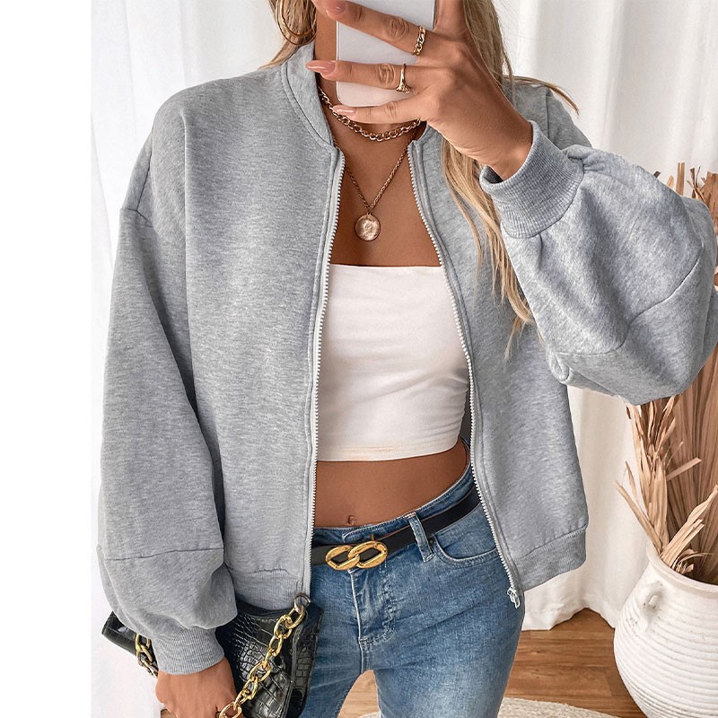Short cardigan zipper solid color round neck loose casual sweatshirt jacket