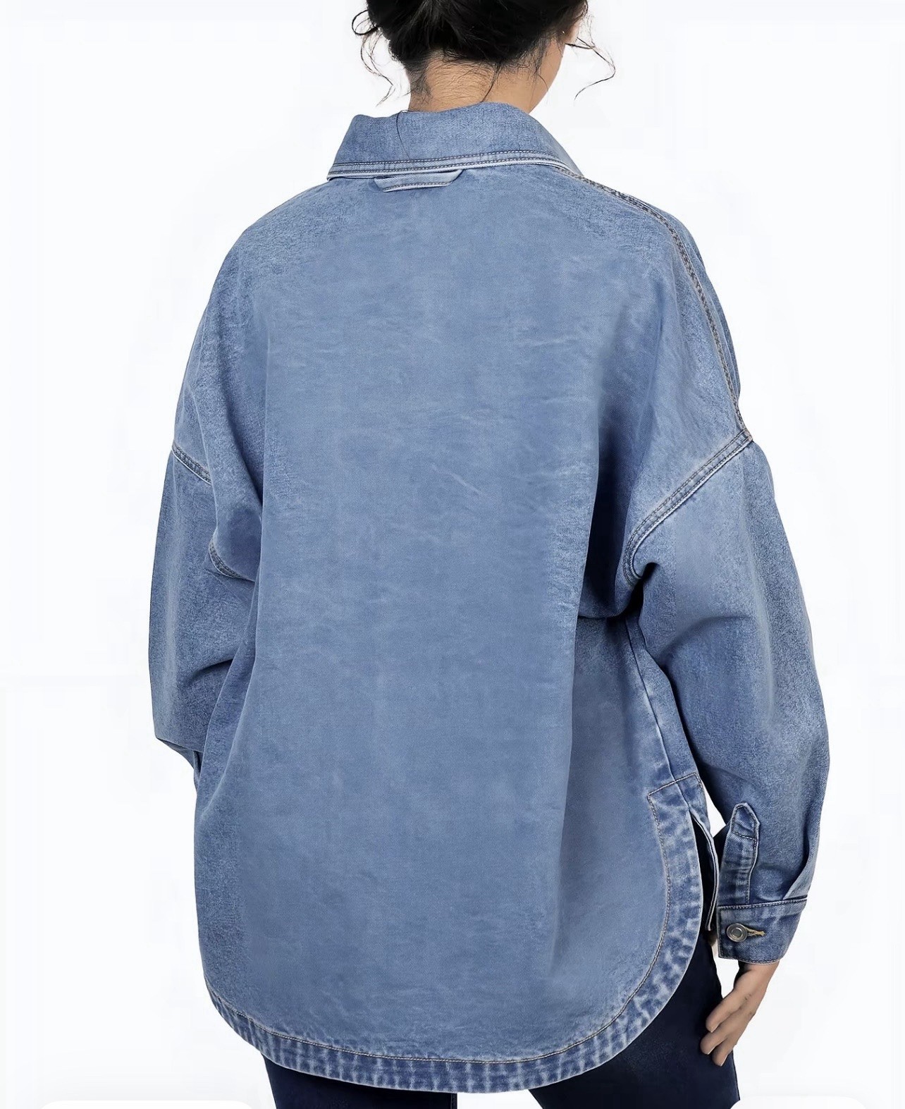 Women’s Blue Denim Oversized Button-Up Shirt Jacket, Long Sleeve Collared XL