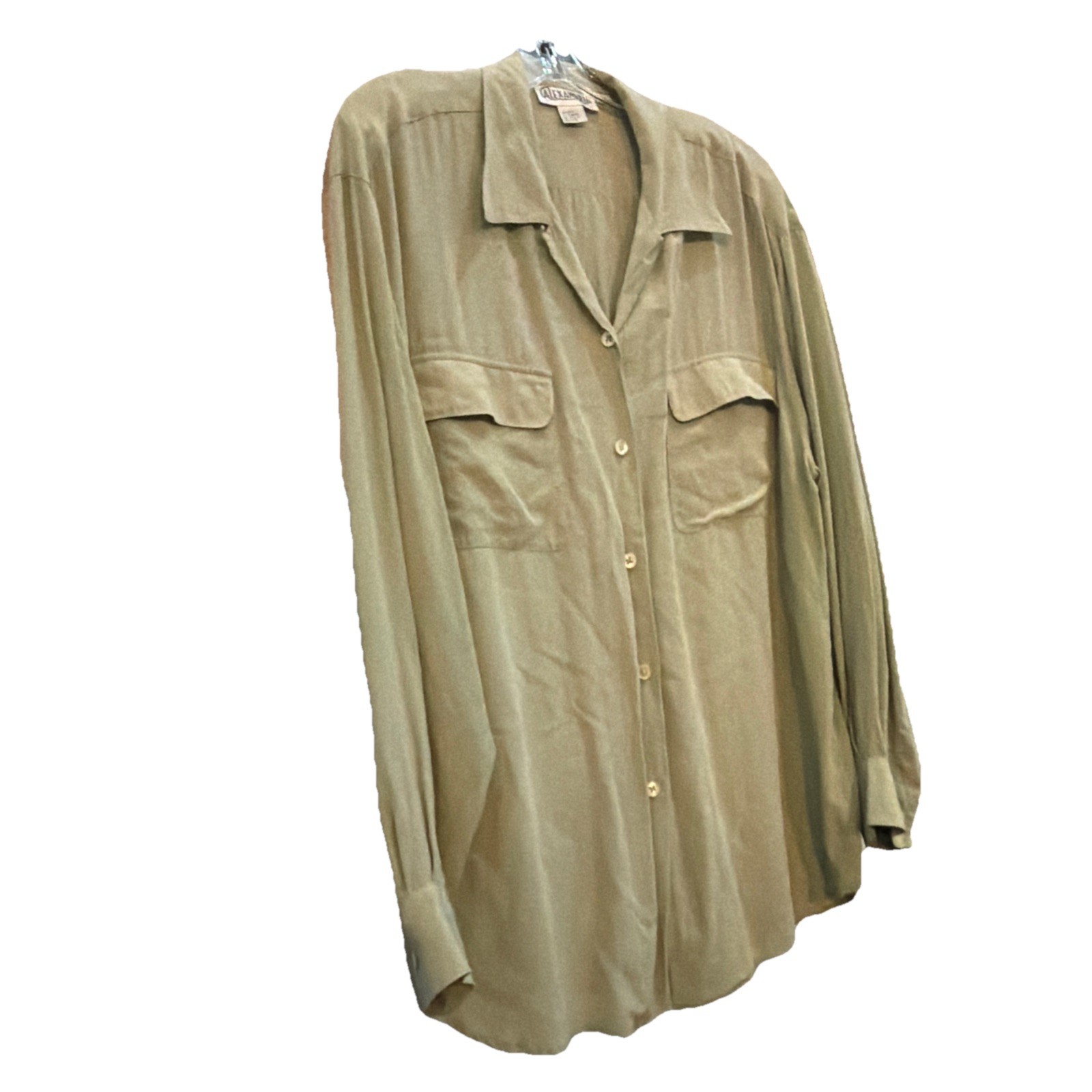 Vintage Y2K Alexandria L Minimalist 100% Silk Button Up Collar Blouse Sage Green