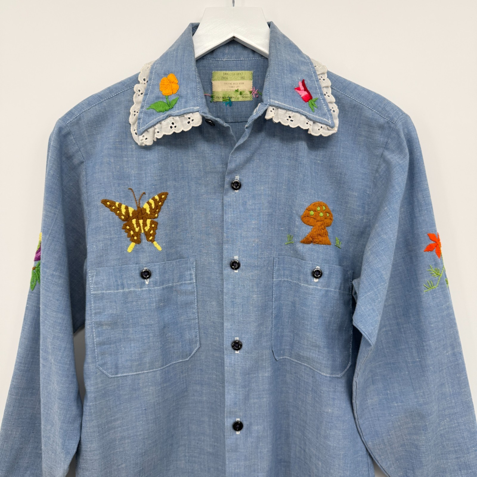 Vintage 70s Hand Embroidered Top Shirt S M Chambray Bird Butterfly Palm Tree USA