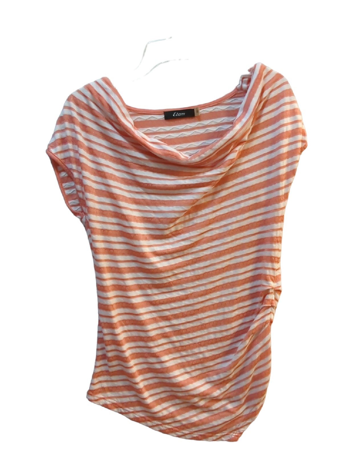 Etam ruched side asymmetrical hem shirt top blouse coral white striped stretch S