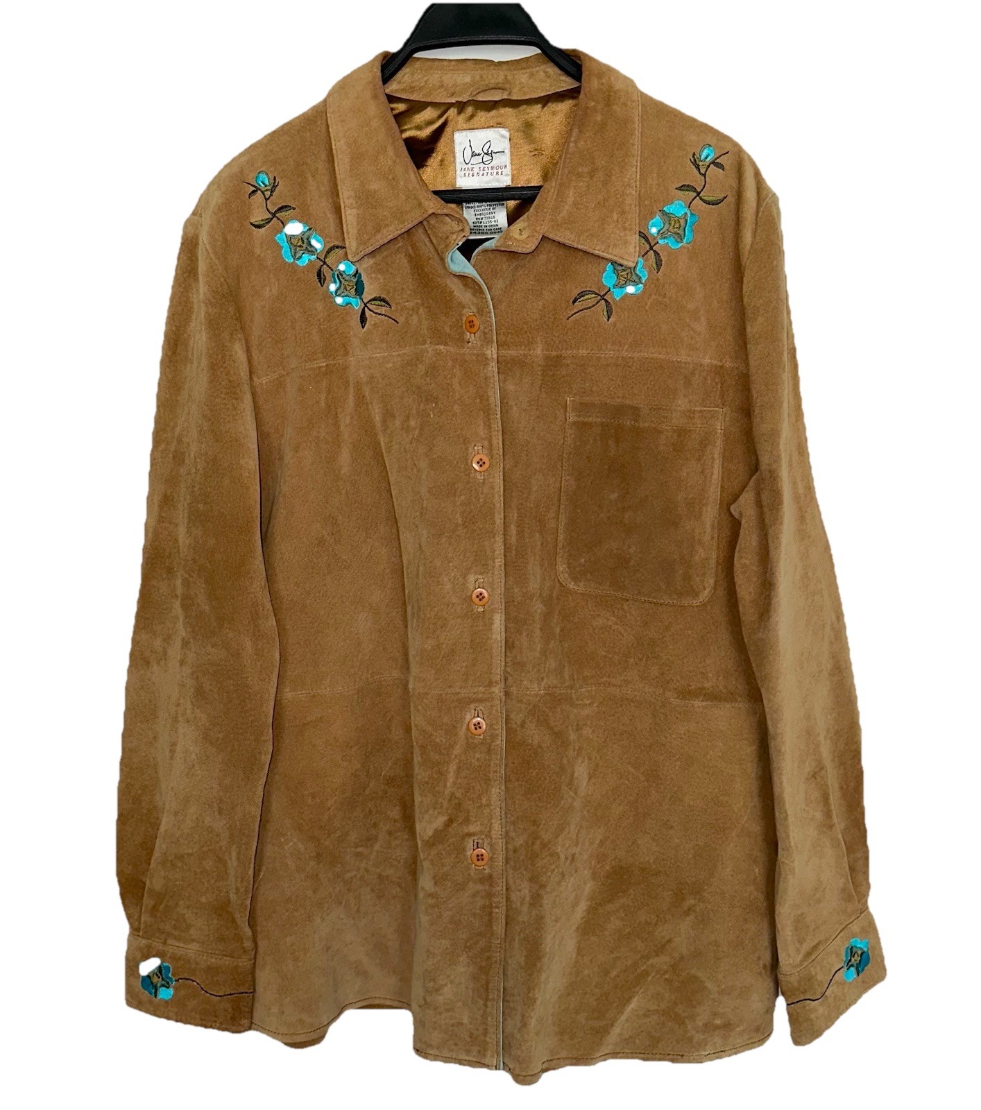 Vintage Womens Large 100% LEATHER Suede Shirt Western Cowgirl Embroidered Floral