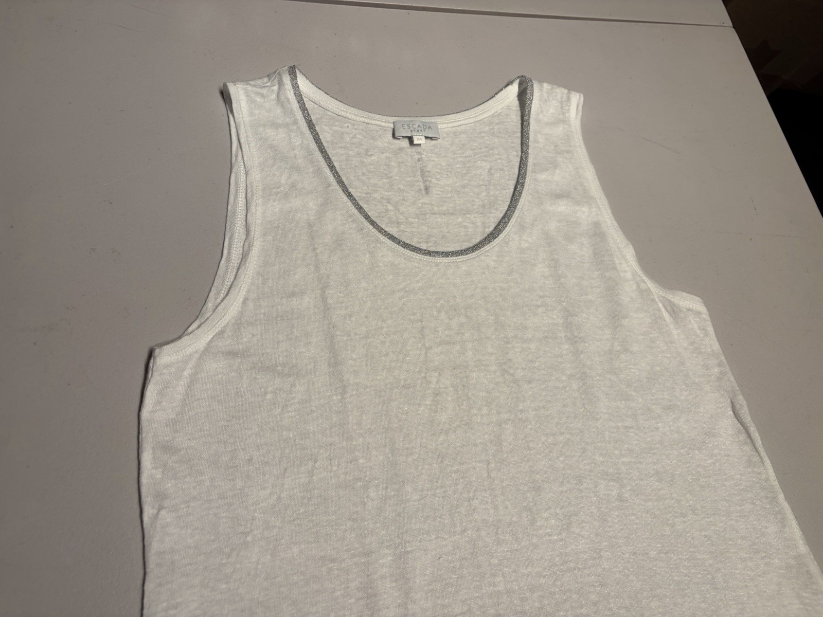 Escada Sport Shirt Women’s Medium White Silver Linen Tank Top Tee Boat Neck