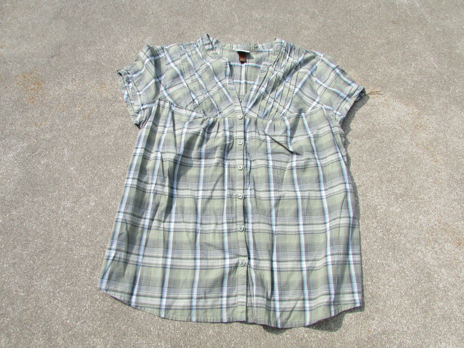 Sonoma Life Style Green White Plaid Cap Sleeve Button Up Cotton Shirt Size L