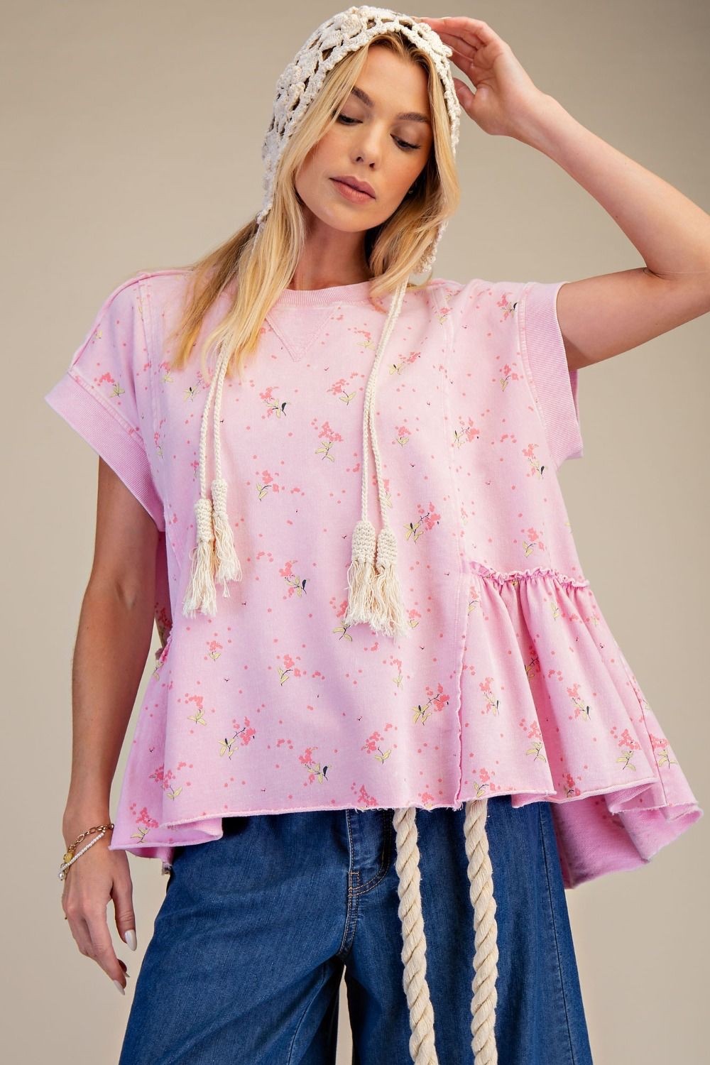 Easel Women’s Floral Printed Washed Terry Knit Top in Pink
