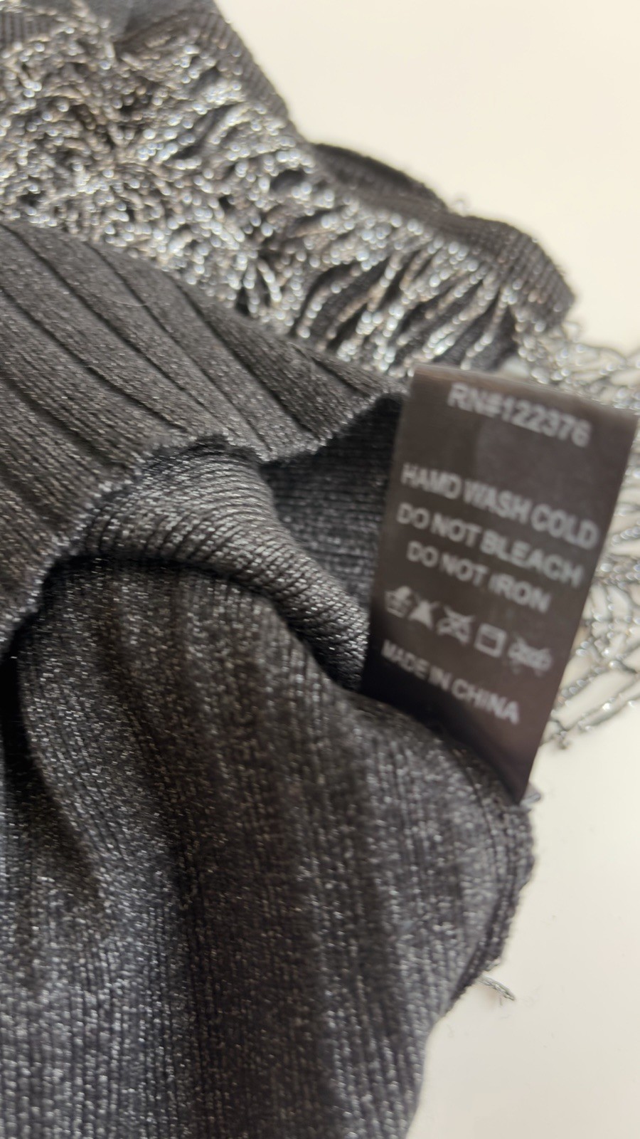 Fab’rik Black Silver Metallic Fringed Crop Ribbed Square Neck Tank Top Sz Medium