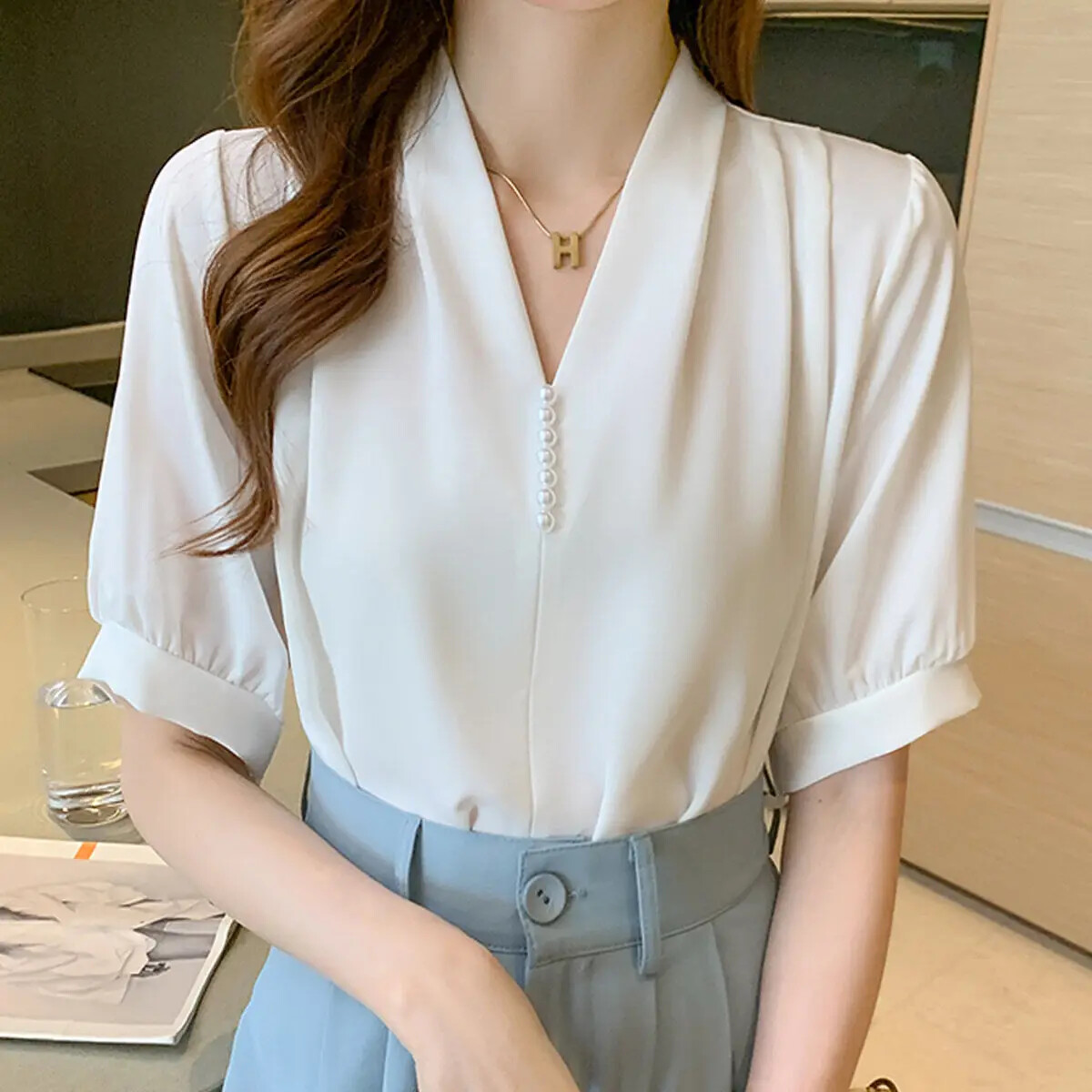 V-neck Blouses Women Minimalist Temper Korean Fashion Elegant Office Lady